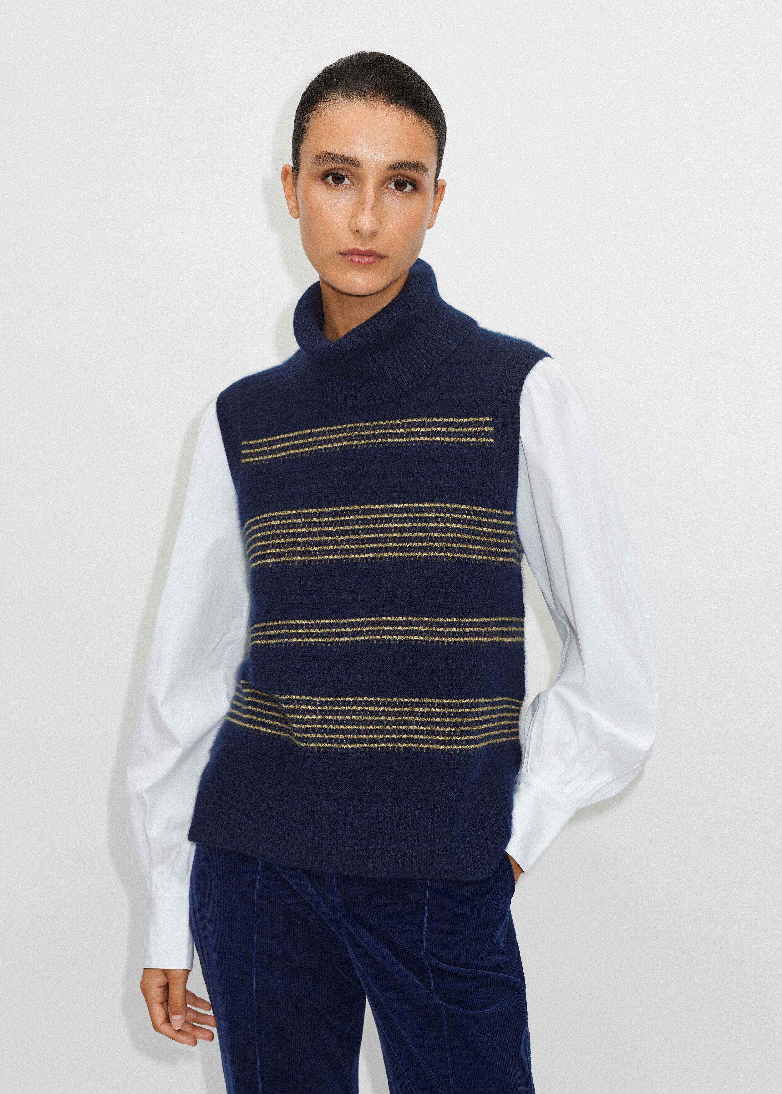 Cloud-Soft Cashmere Silk Jacquard Vest + Snood Navy/Dijon
