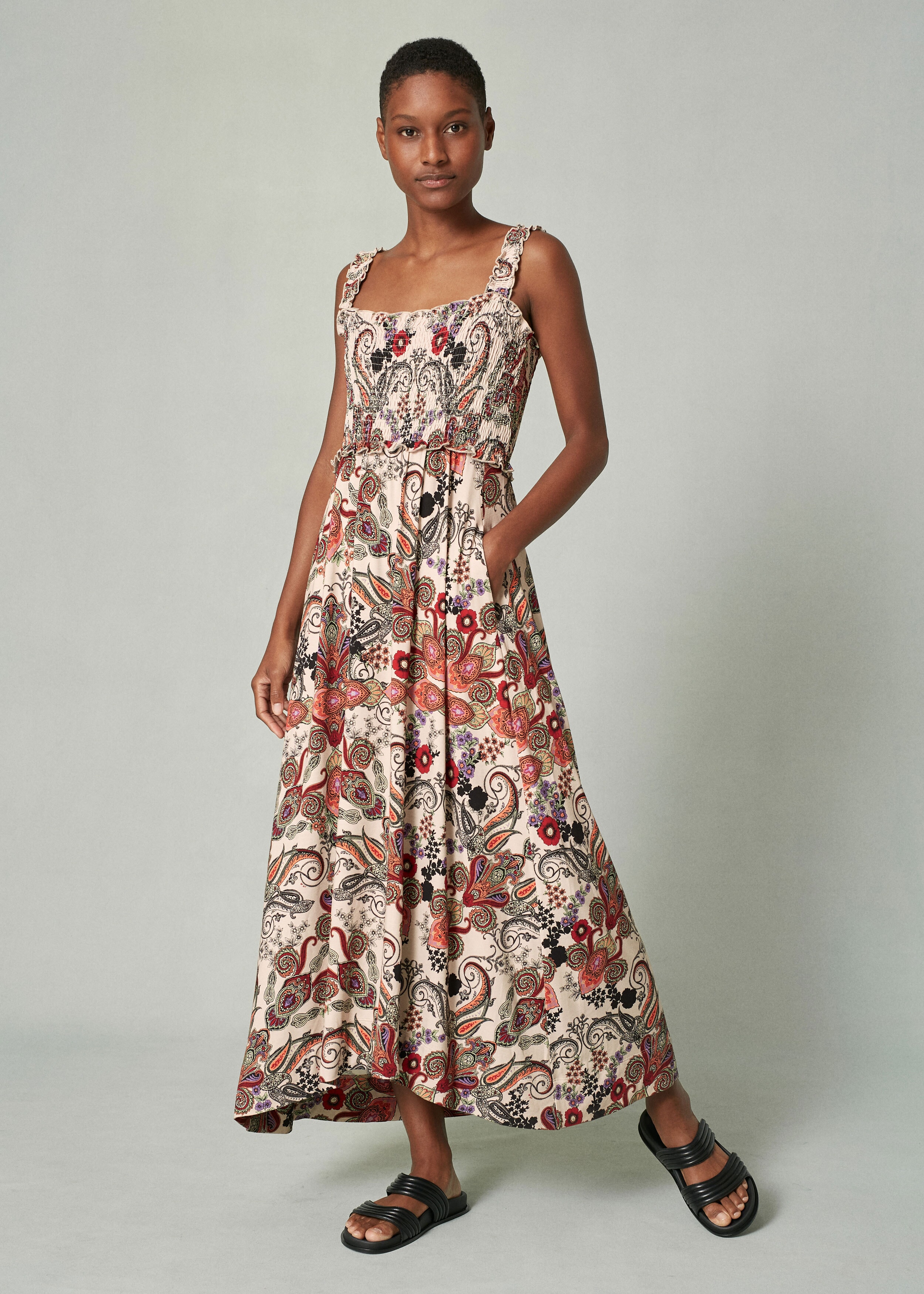 Paisley Floral Shirred Maxi Dress Cream Multi