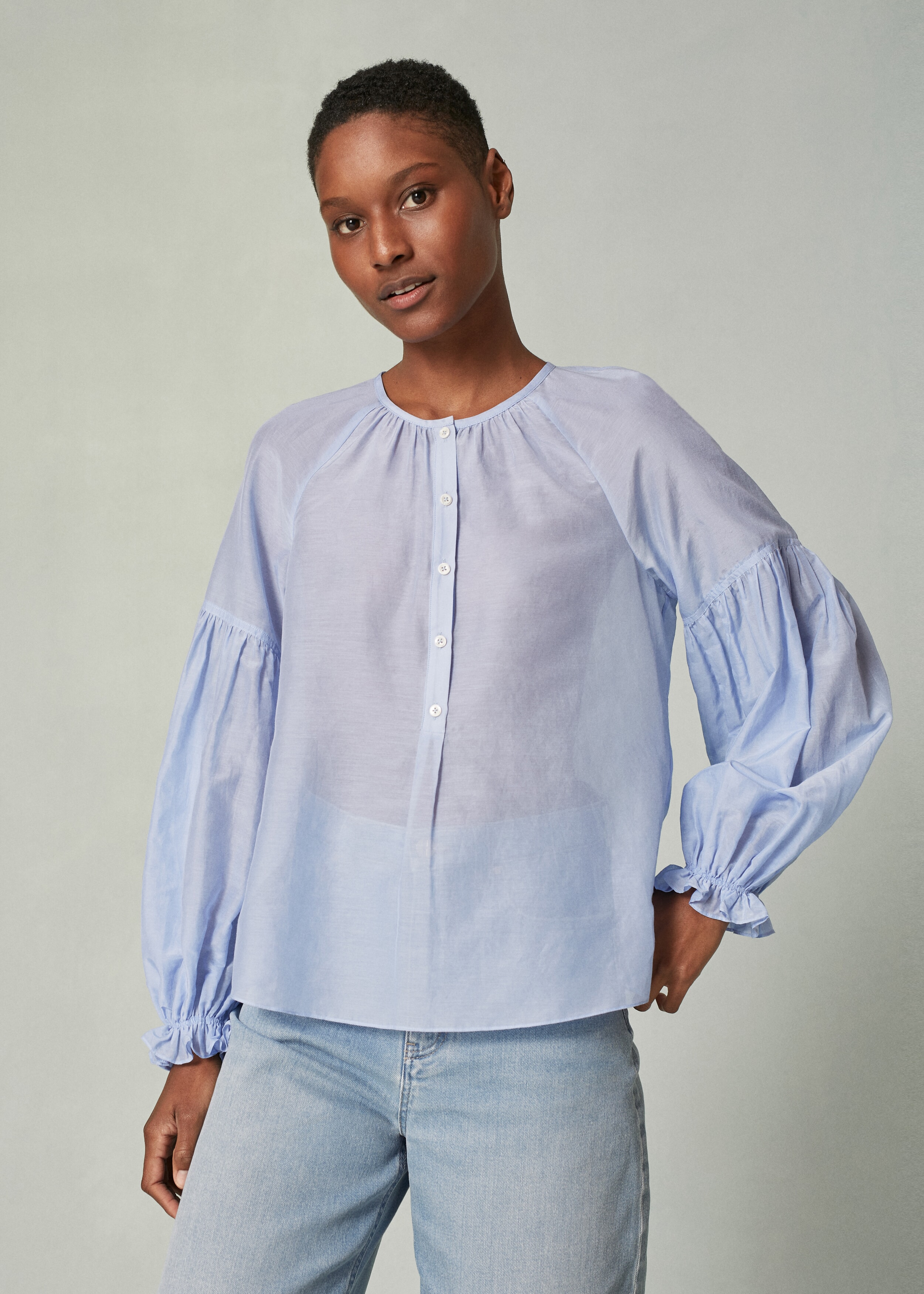 Silk Cotton Oversized Sleeve Blouse Pale Blue