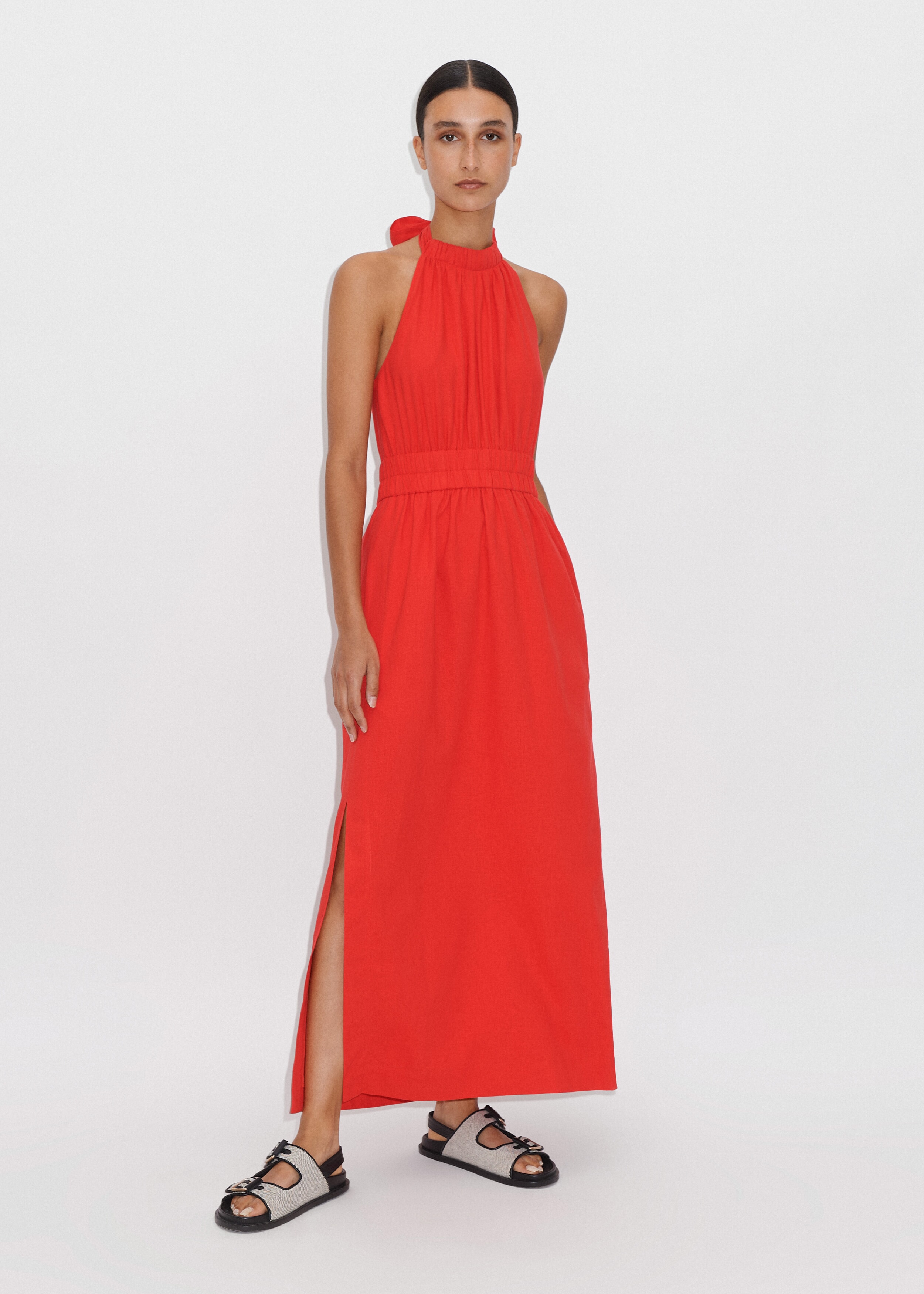 Crease Less Linen Halterneck Maxi Dress Brilliant Orange