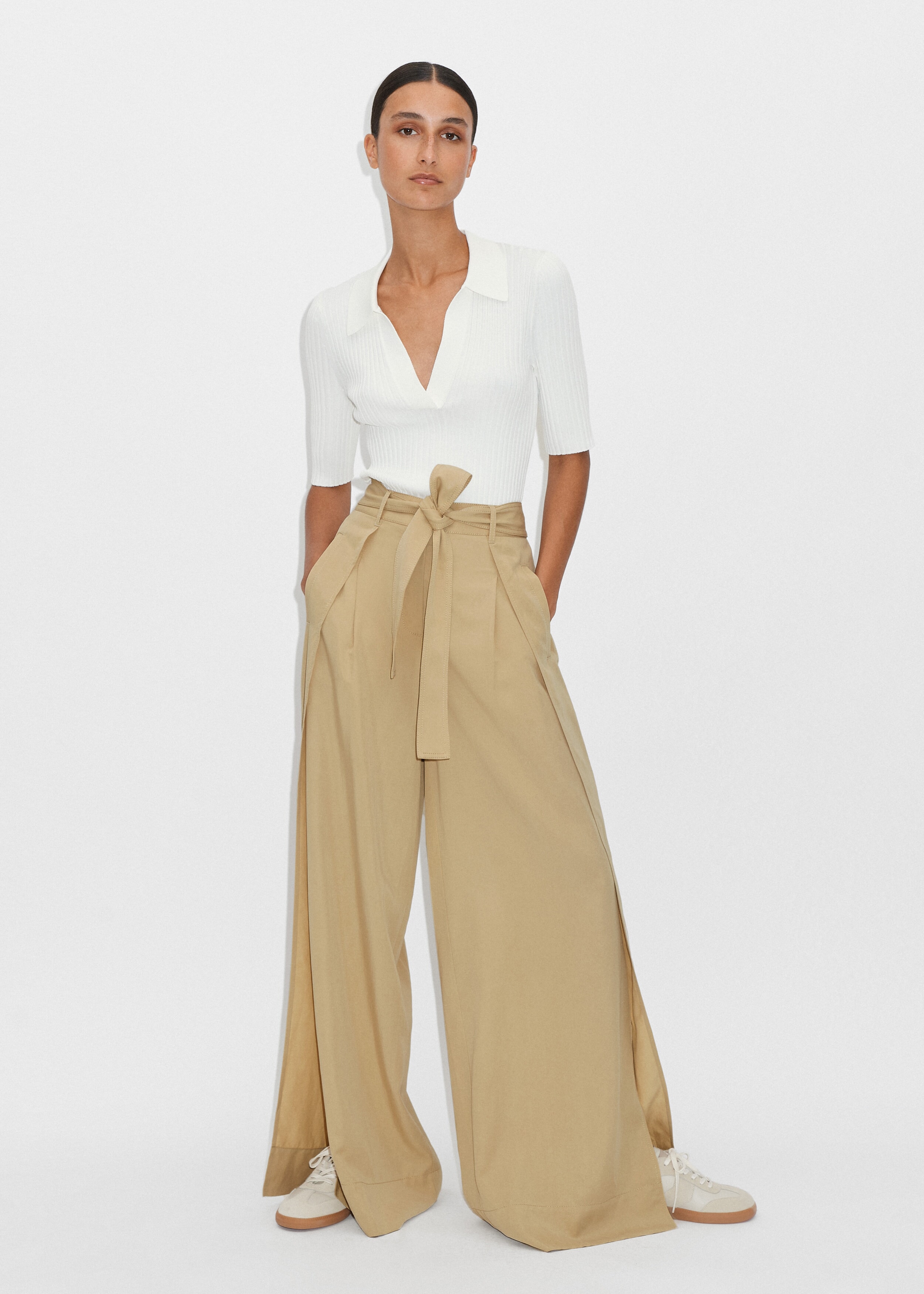 Linen-Blend Wide-Leg Wrap Pant + Belt Sand