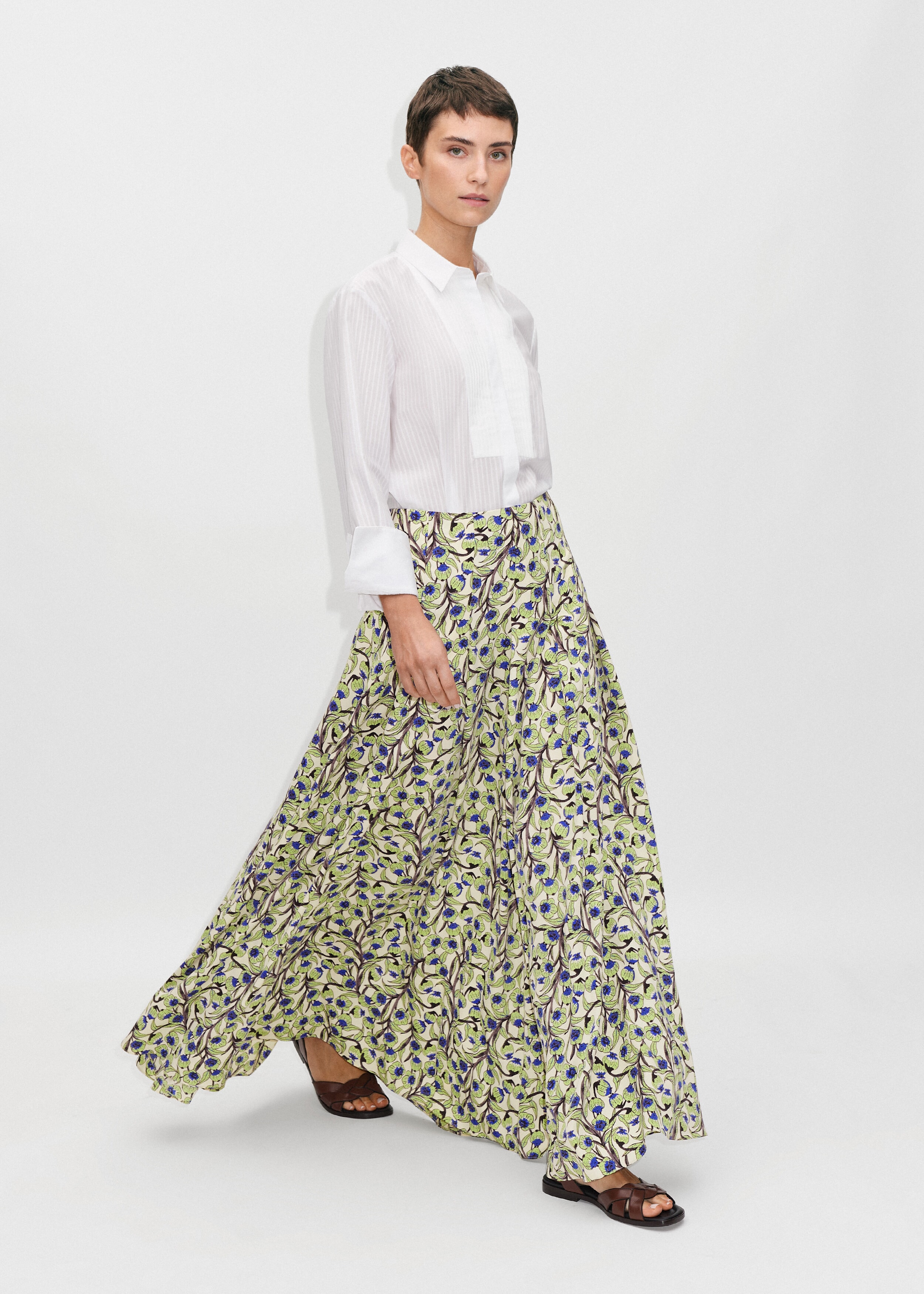 Trailing Flower Print Floor-Length Skirt Sicilian Olive/Cream/Blue