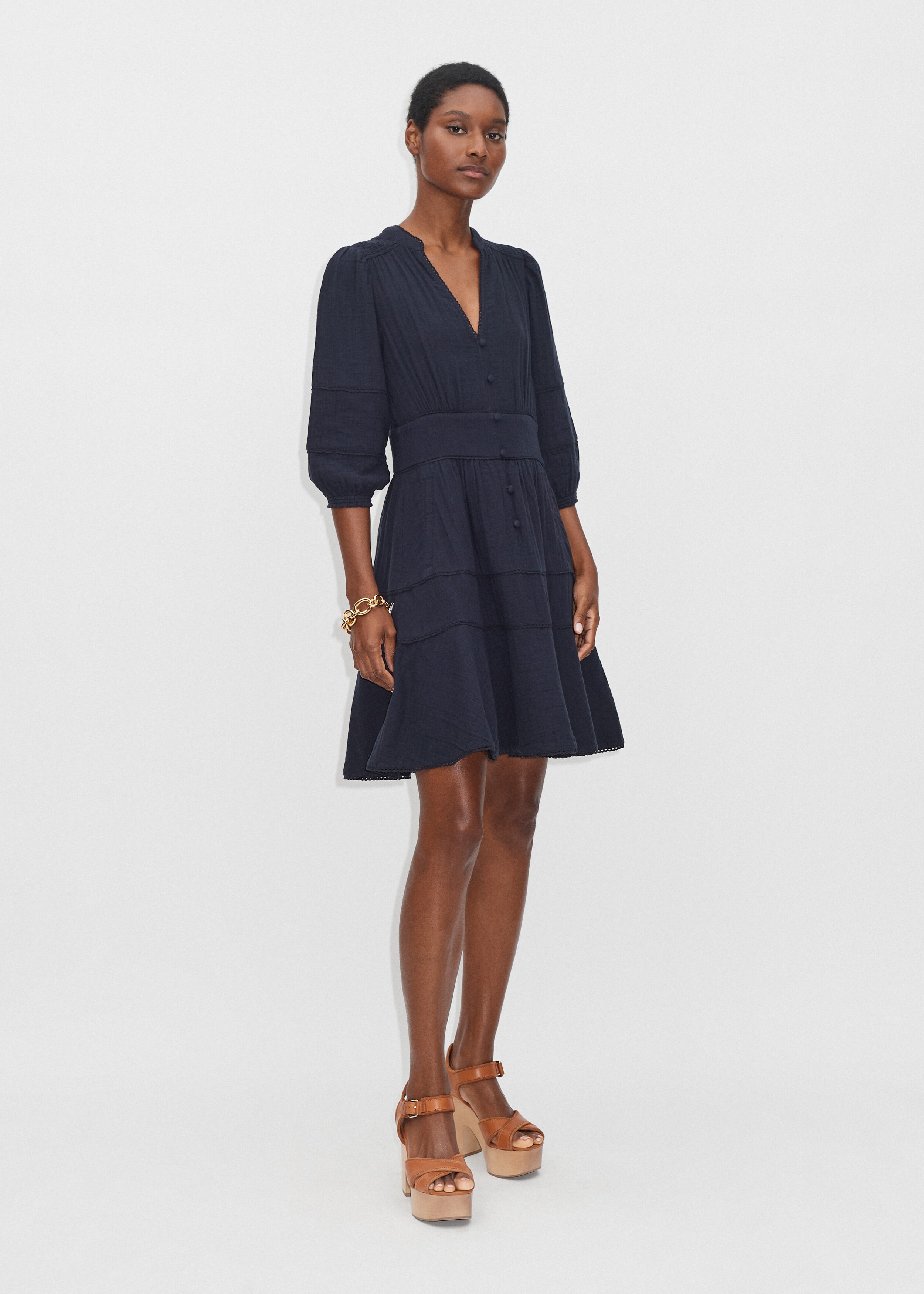 Cheesecloth Fit and Flare Short Dress Navy