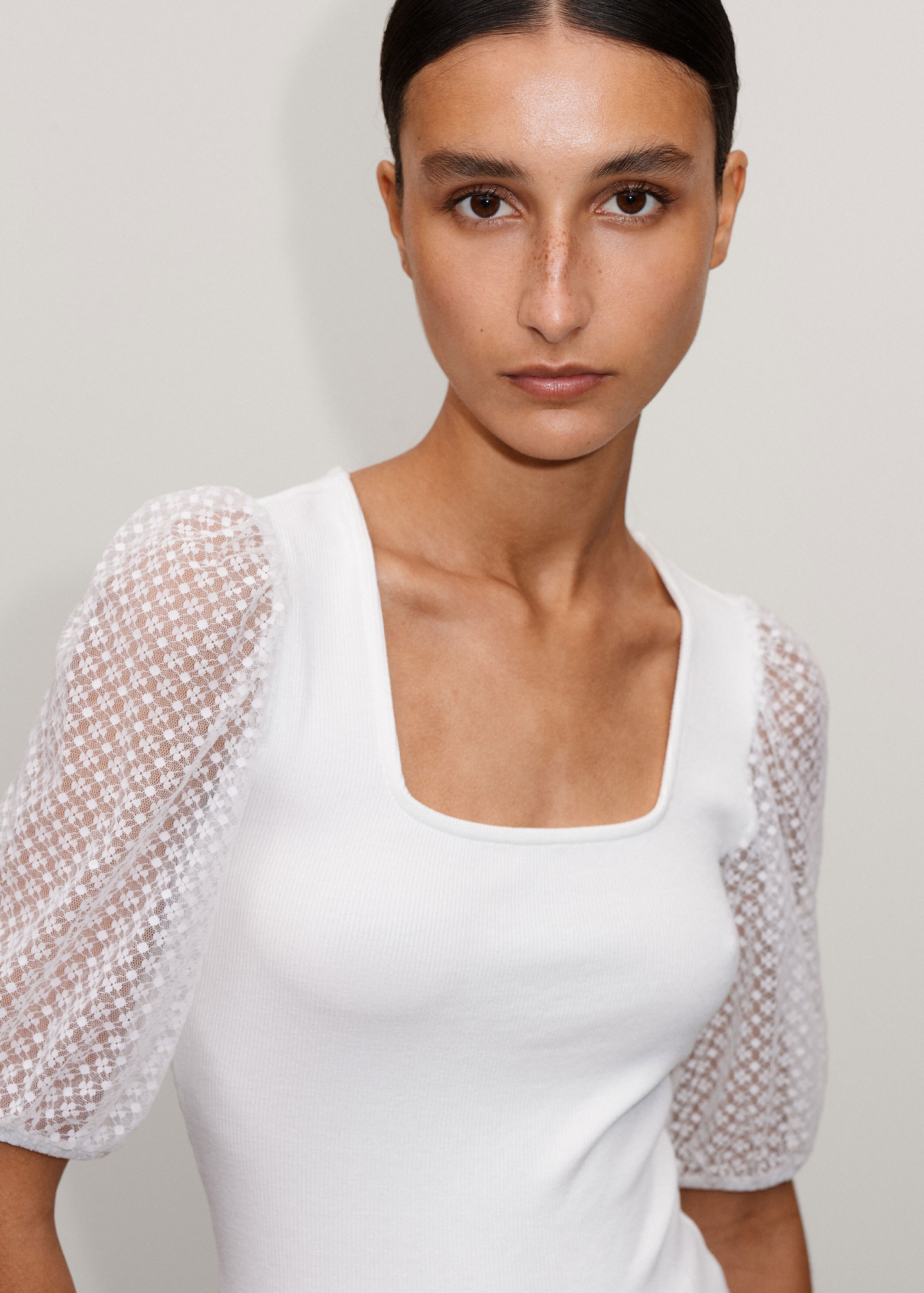 Square Neck Lace Sleeve Top Soft White