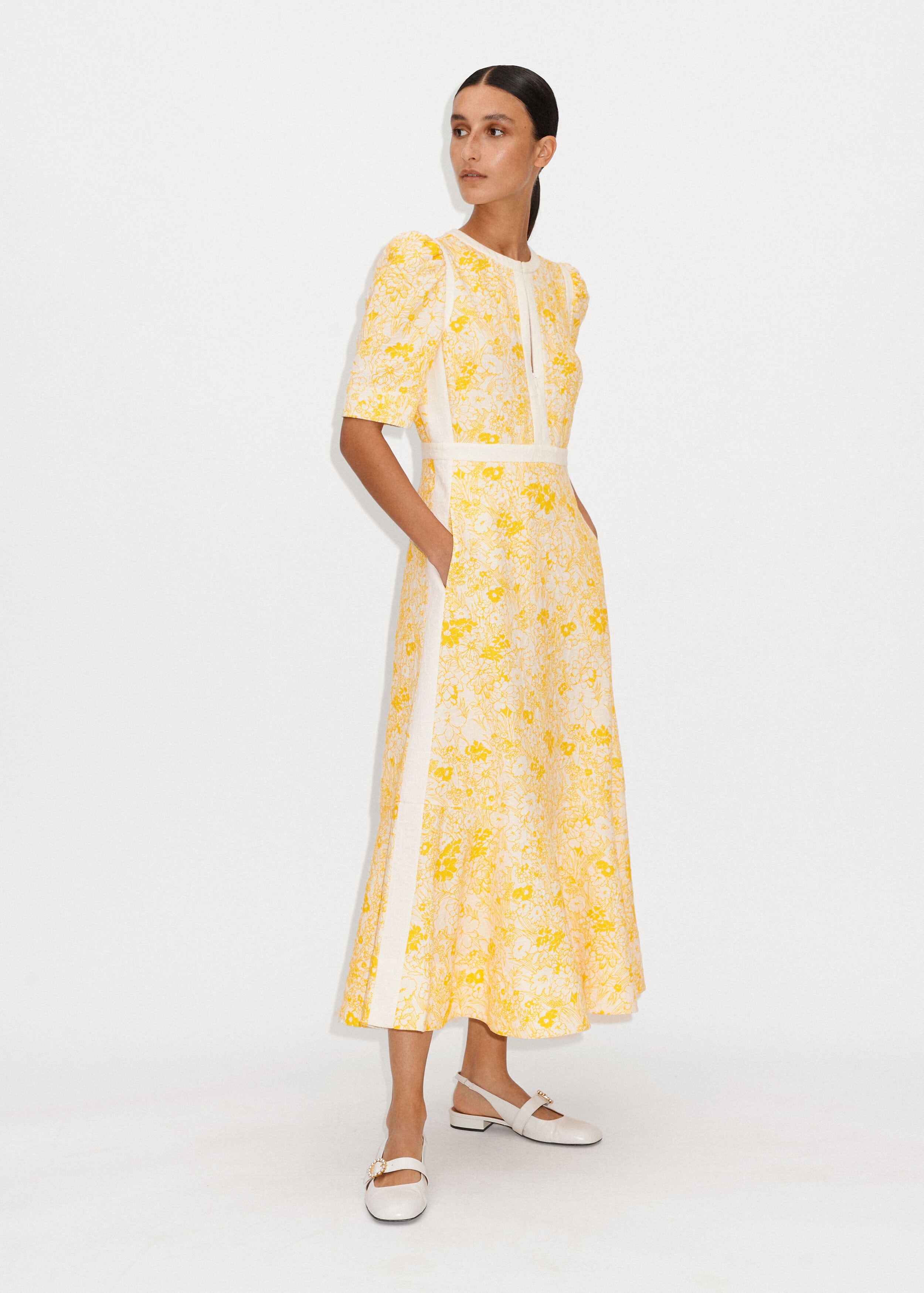 Cotton Jacquard Gardenia Print Maxi Dress Cream/Intense Yellow