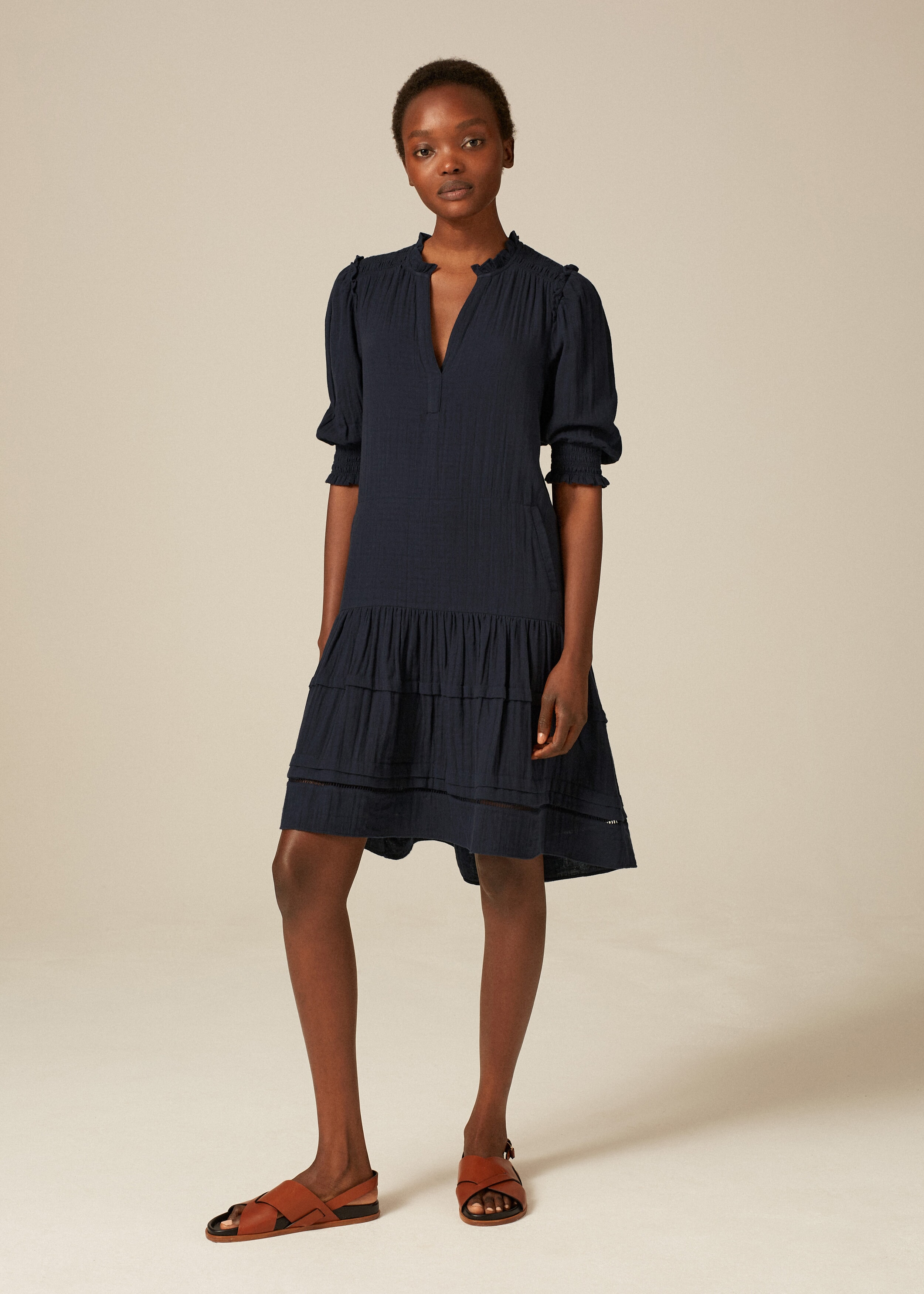 Cheesecloth Pleat Detail Swing Dress Navy
