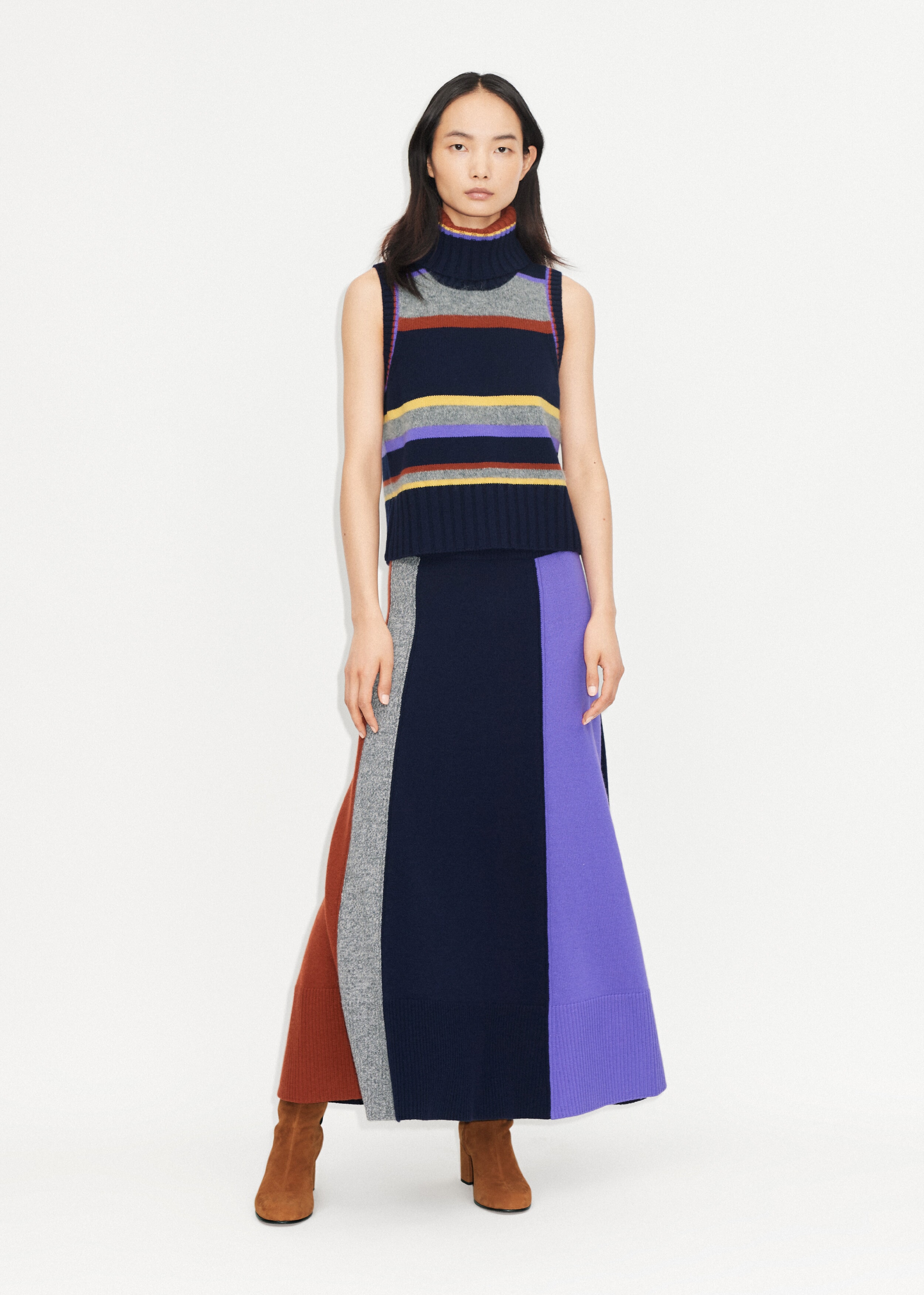 Merino Cashmere Colour Block Skirt Multi Stripe