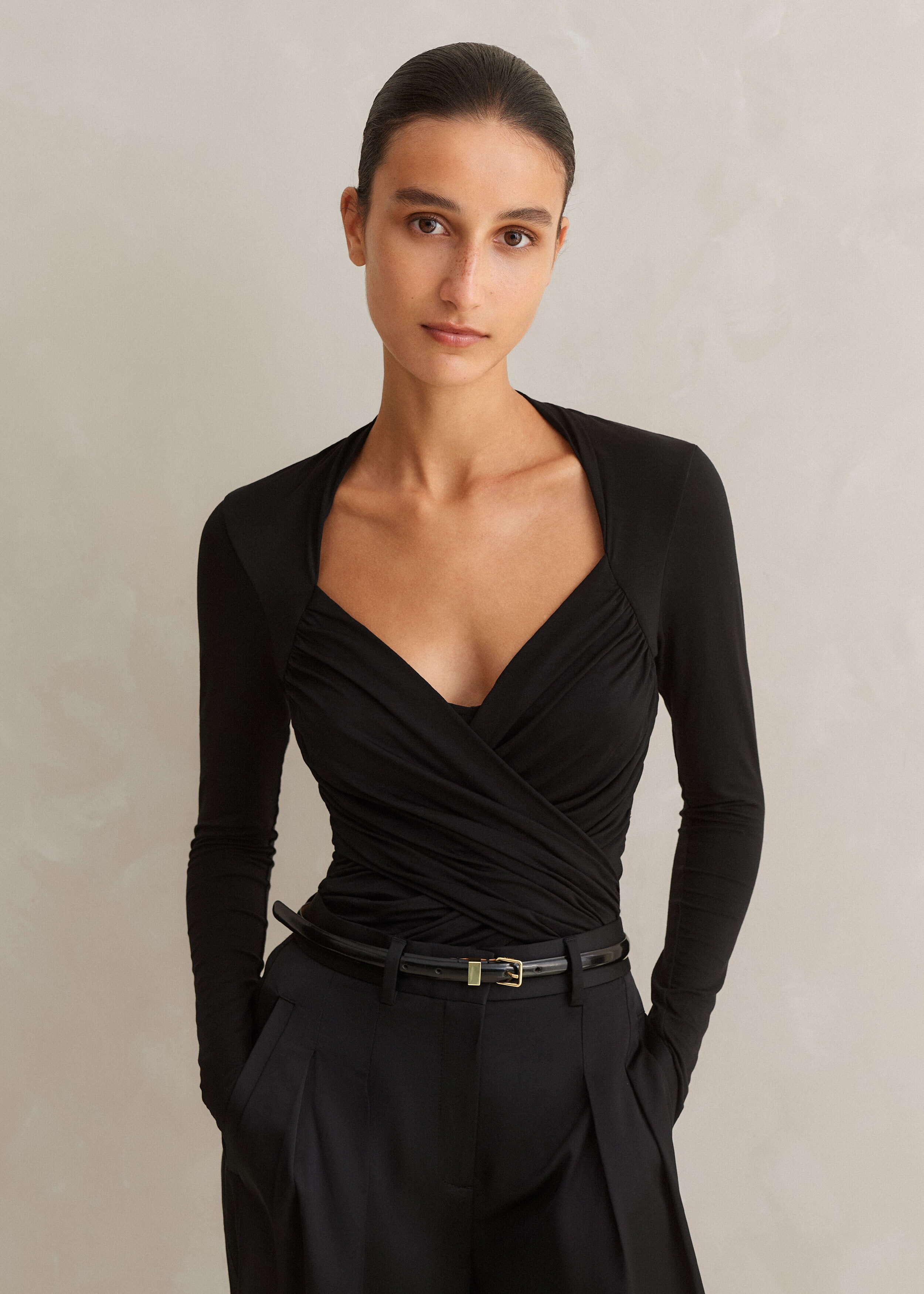 Fitted Ruched Long Sleeve Top Black