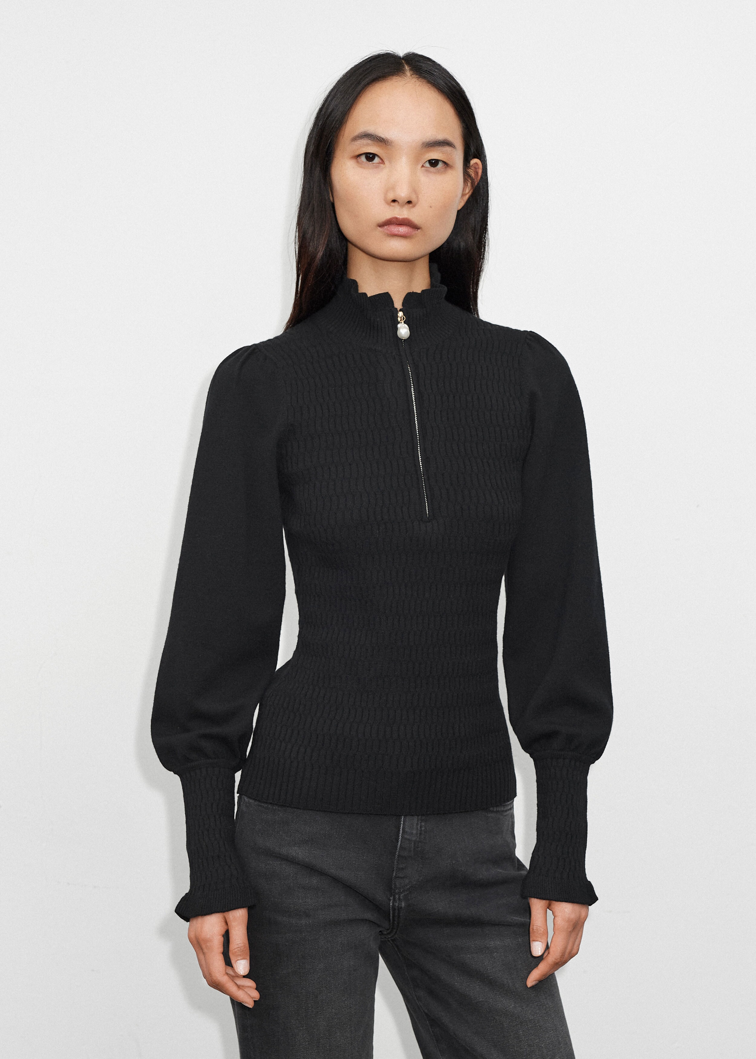 Merino Smocked Pearl Detail Sweater Black