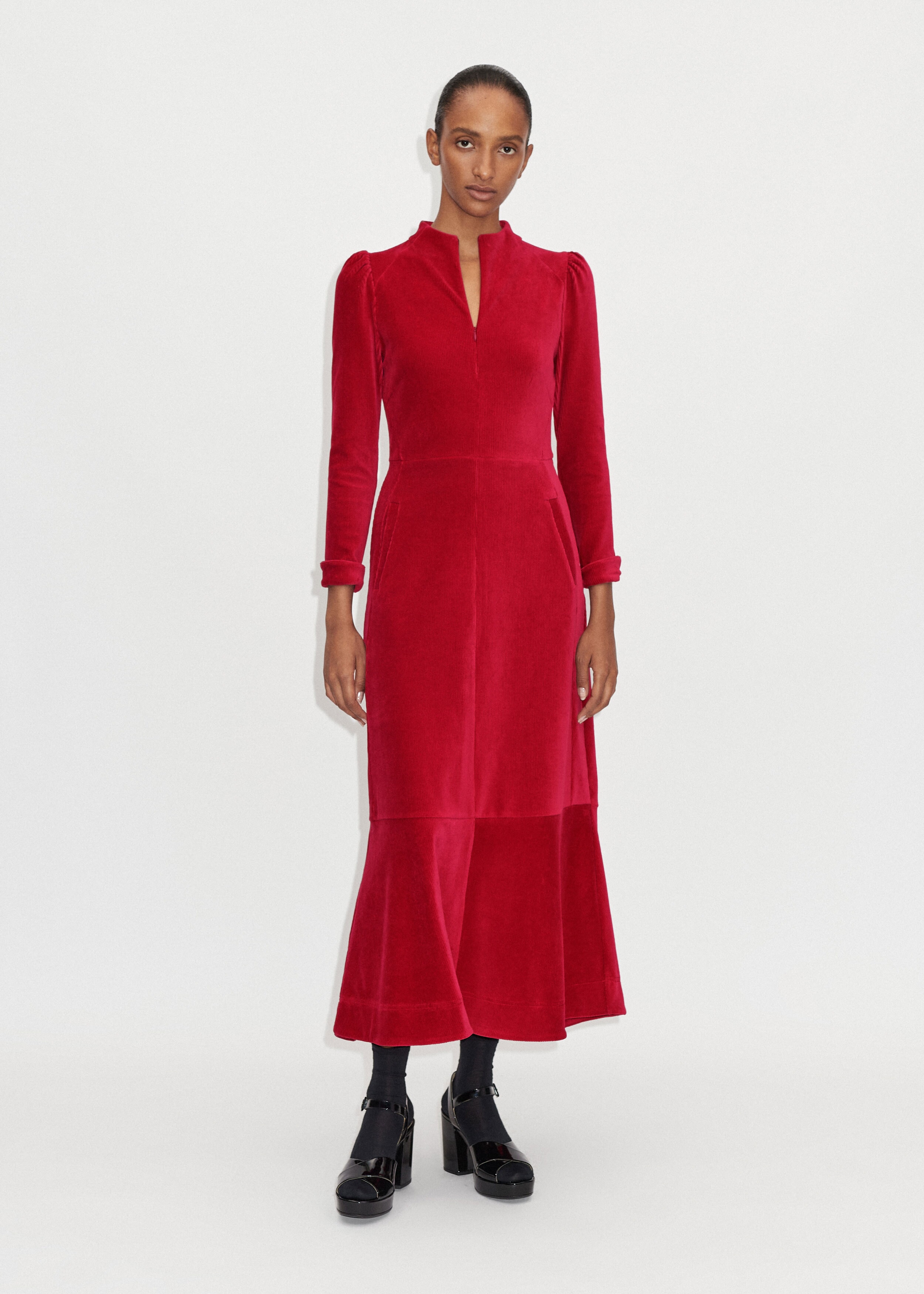 Velour Cord Funnel Neck Dress Racing Red