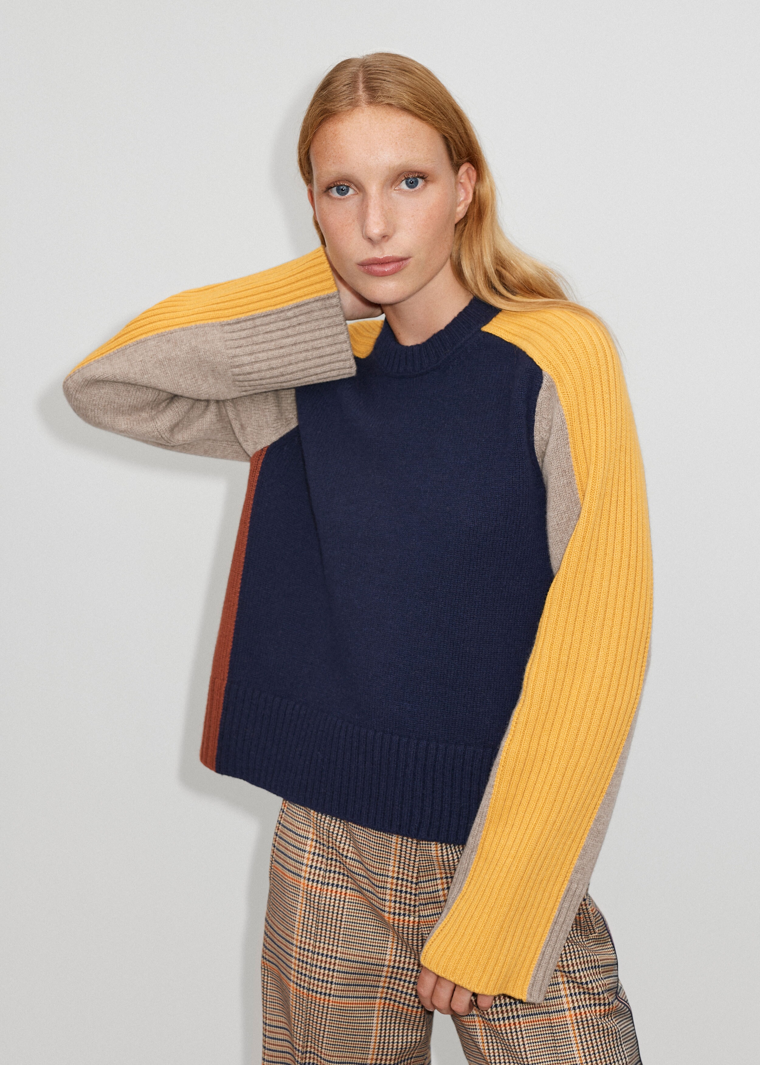 Merino Cashmere Colour Block Sweater + Snood Navy/Mustard/Chestnut/Mushroom