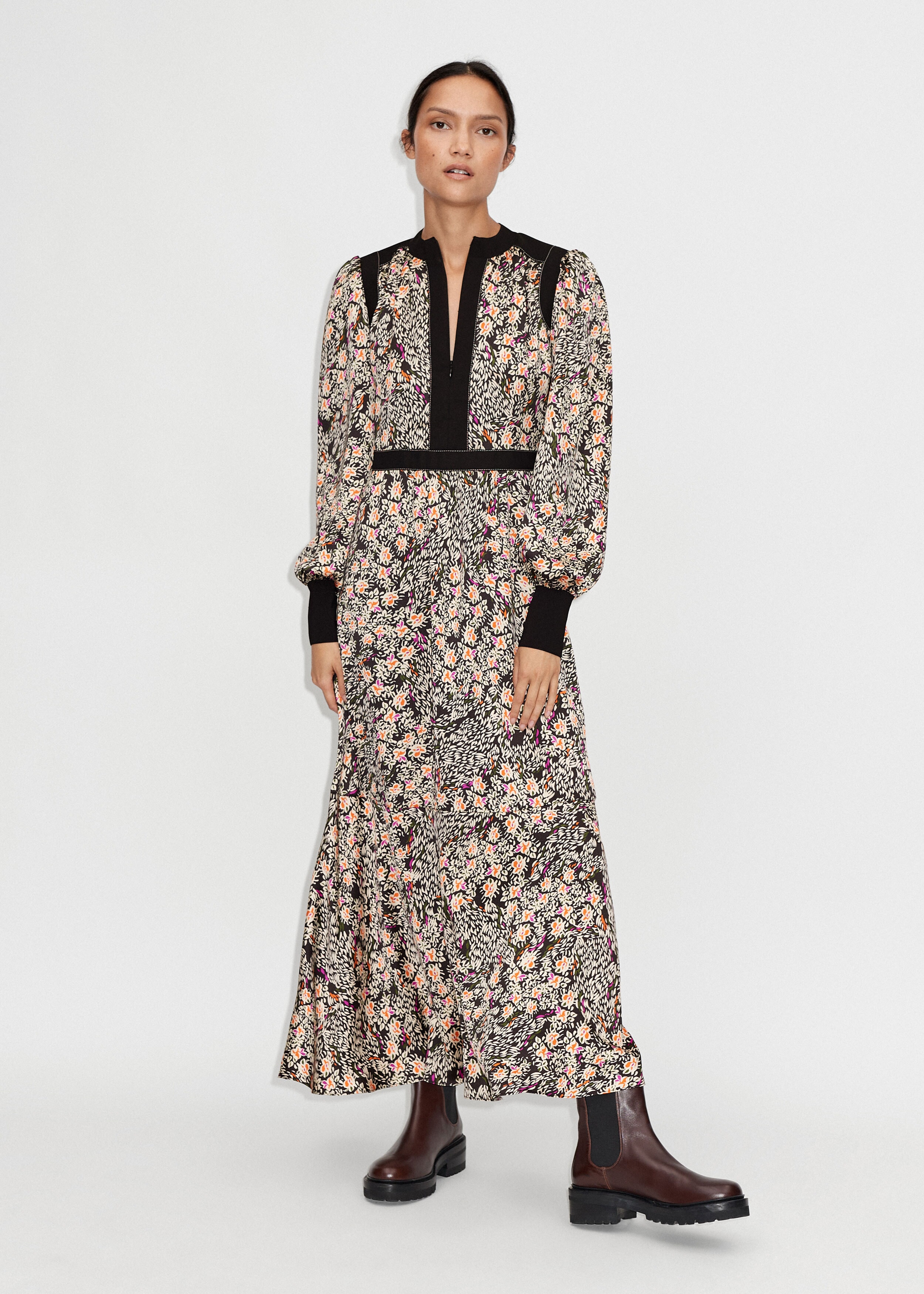 Winter Kyoto Garden Print Belted Maxi Dress Black/Gold/Cream