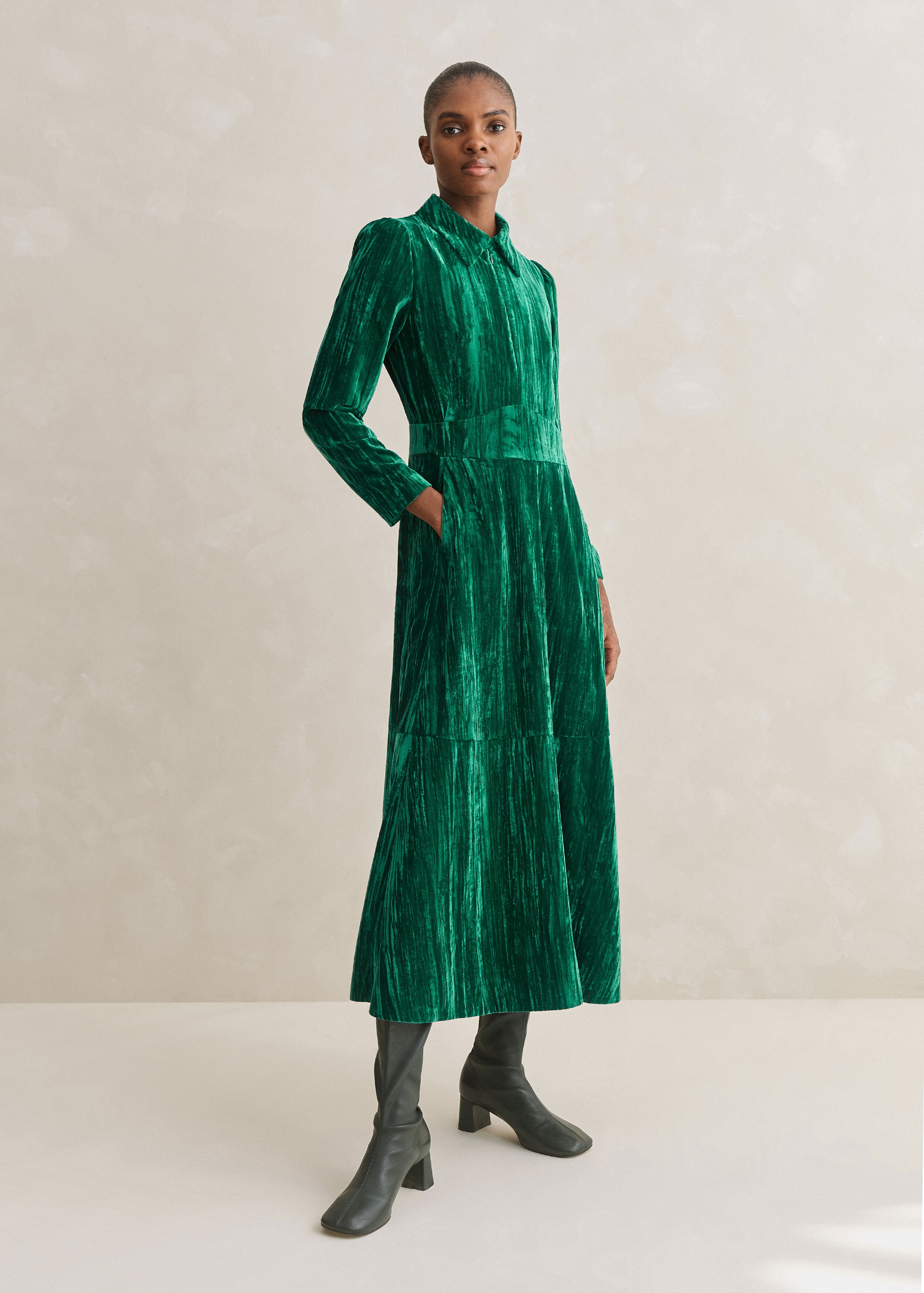 Crushed Velvet Elegant Maxi Dress Dark Ultra Green