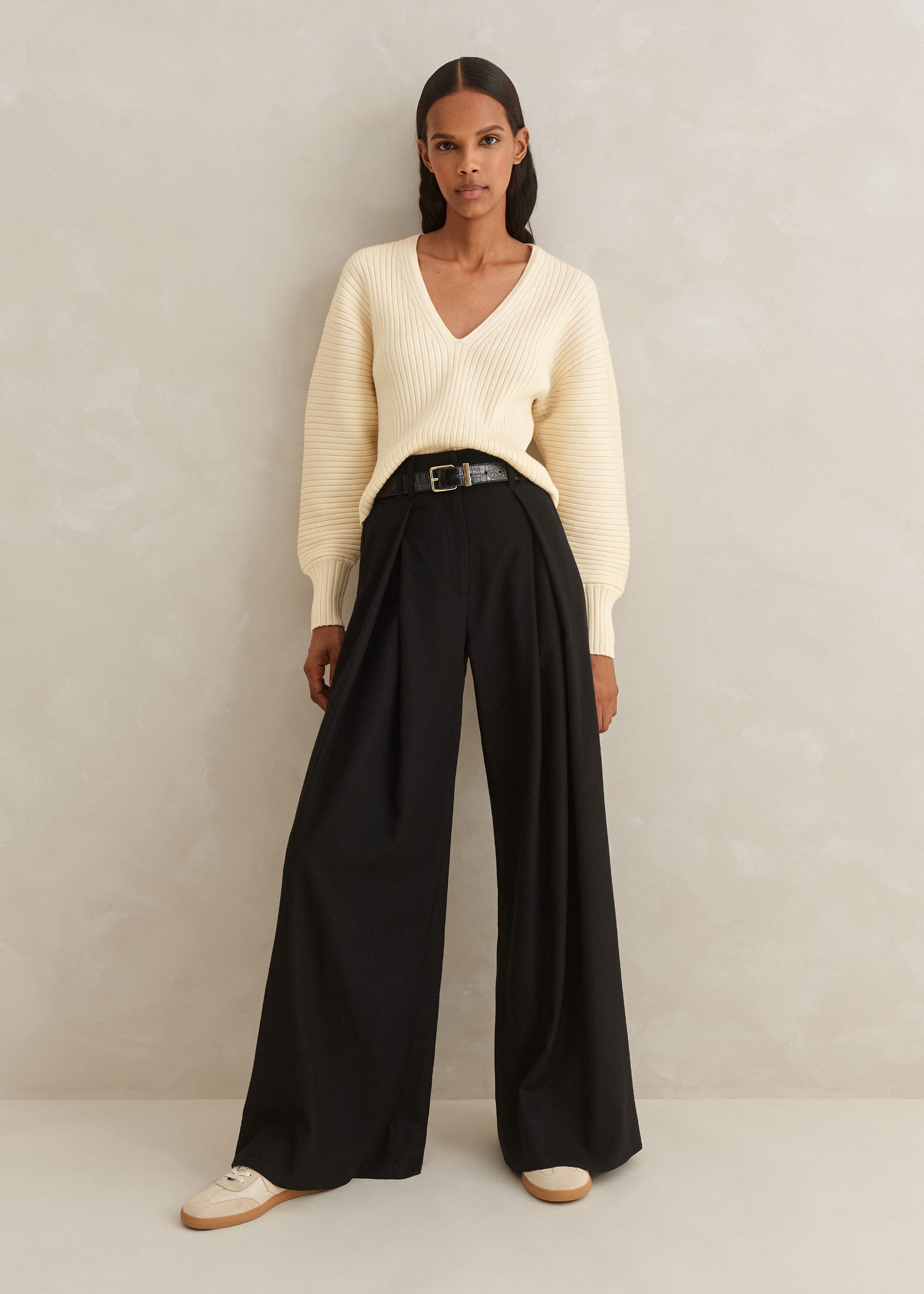 Me+em Flannel High-waisted Pleat Wide-leg Pant In Black