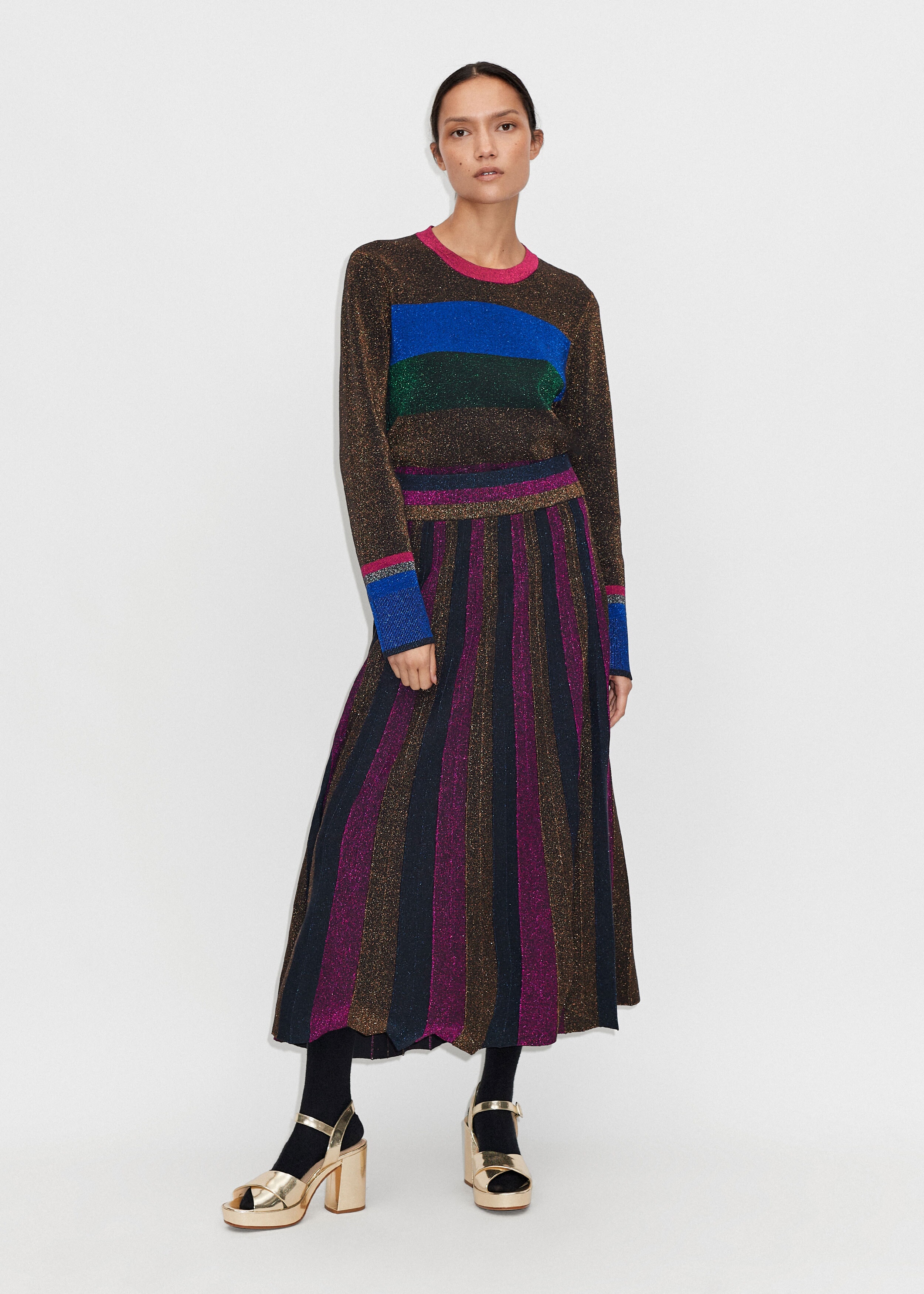 Reversible Metallic Stripe Pleated Skirt Multicolour