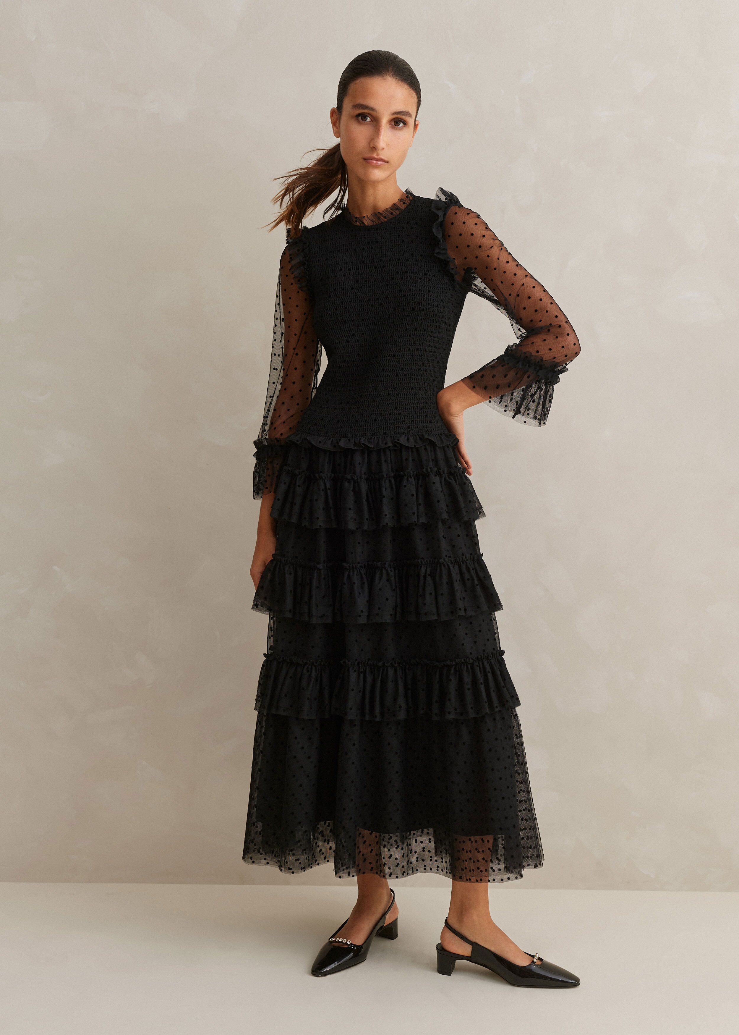 Polka Dot Tulle Ruffle Maxi Dress + Belt Black