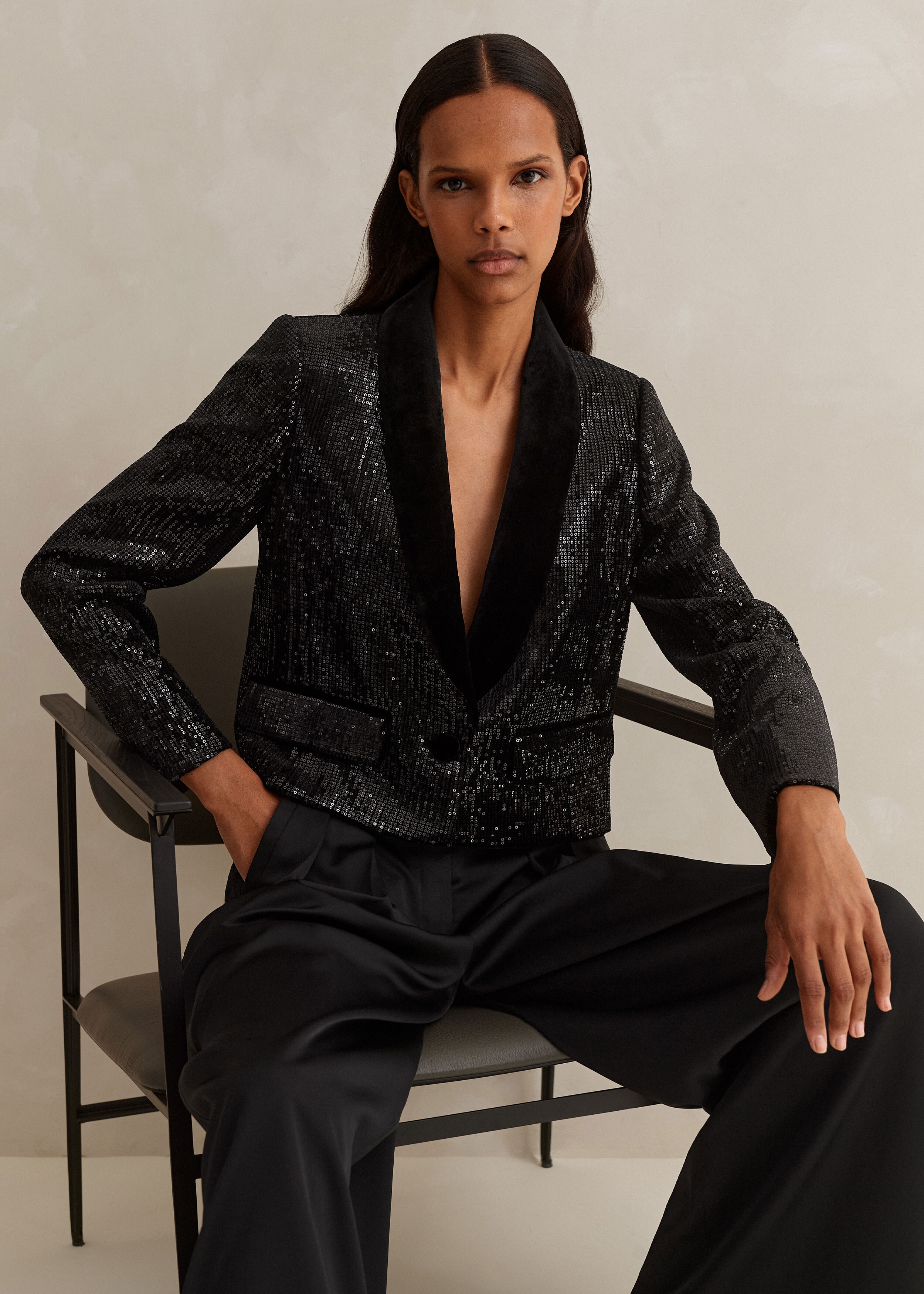 Silk-Blend Velvet Sequin Crop Tux Blazer Black