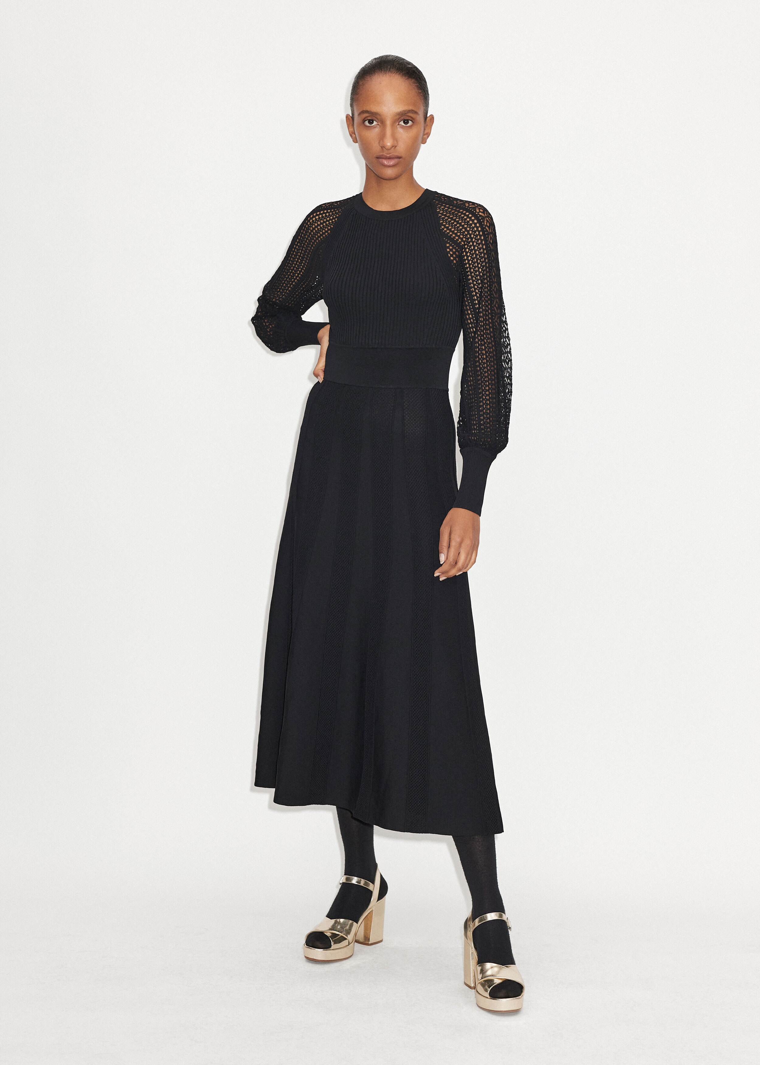 Lace Stitch Fit + Flare Knit Dress Black