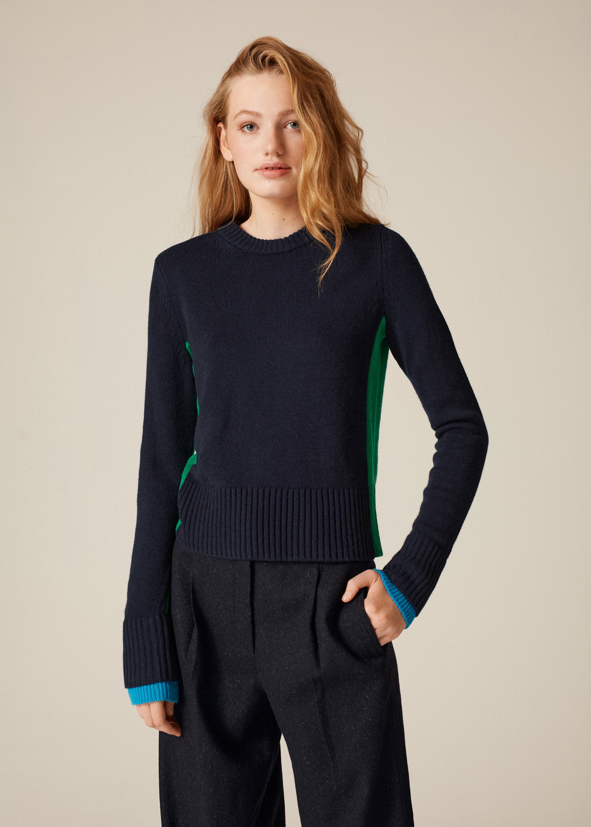 Merino Cashmere Slim Box Sweater + Snood Navy/Vibrant Green/Bright Blue ...