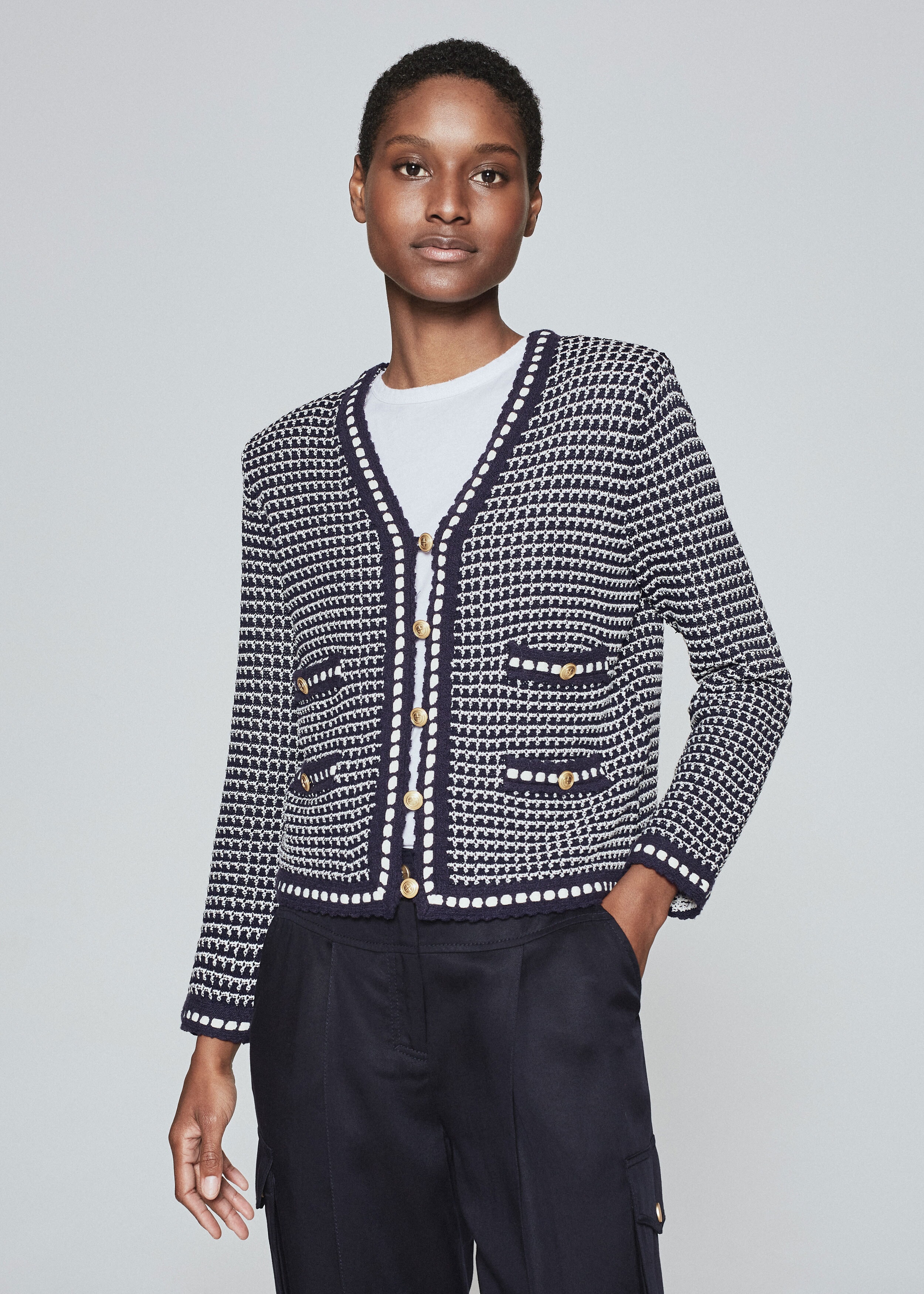 Fitted Bouclé Knit Jacket Navy/Cream