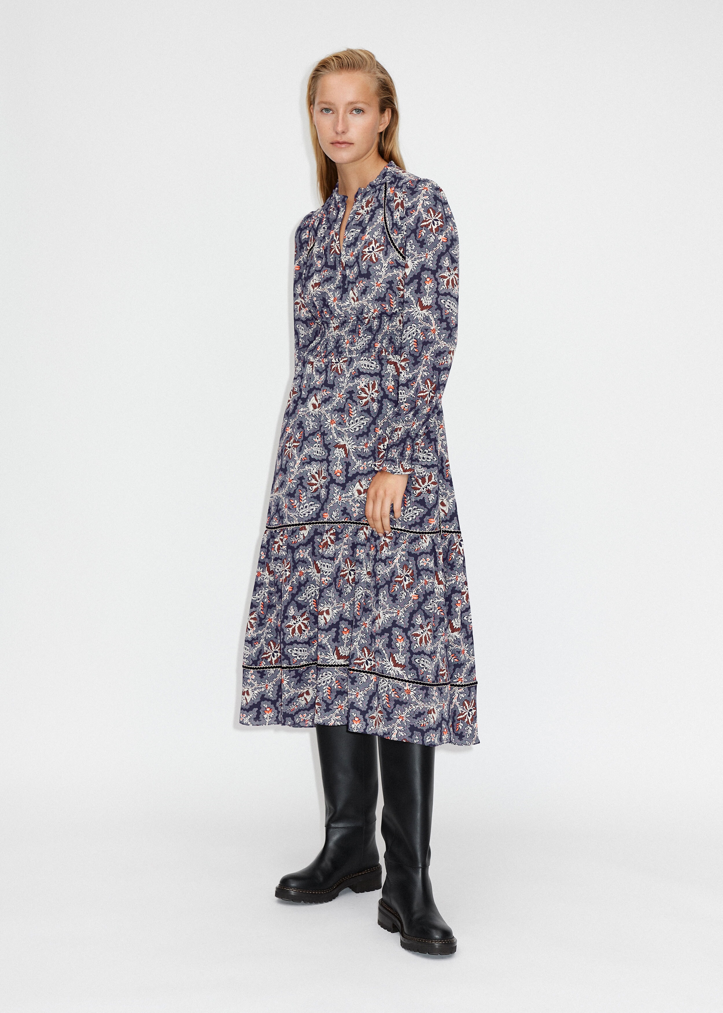 Fall Bloom Print Long Sleeve Midi Dress Evening Navy/Cream/Caramel/Hot ...