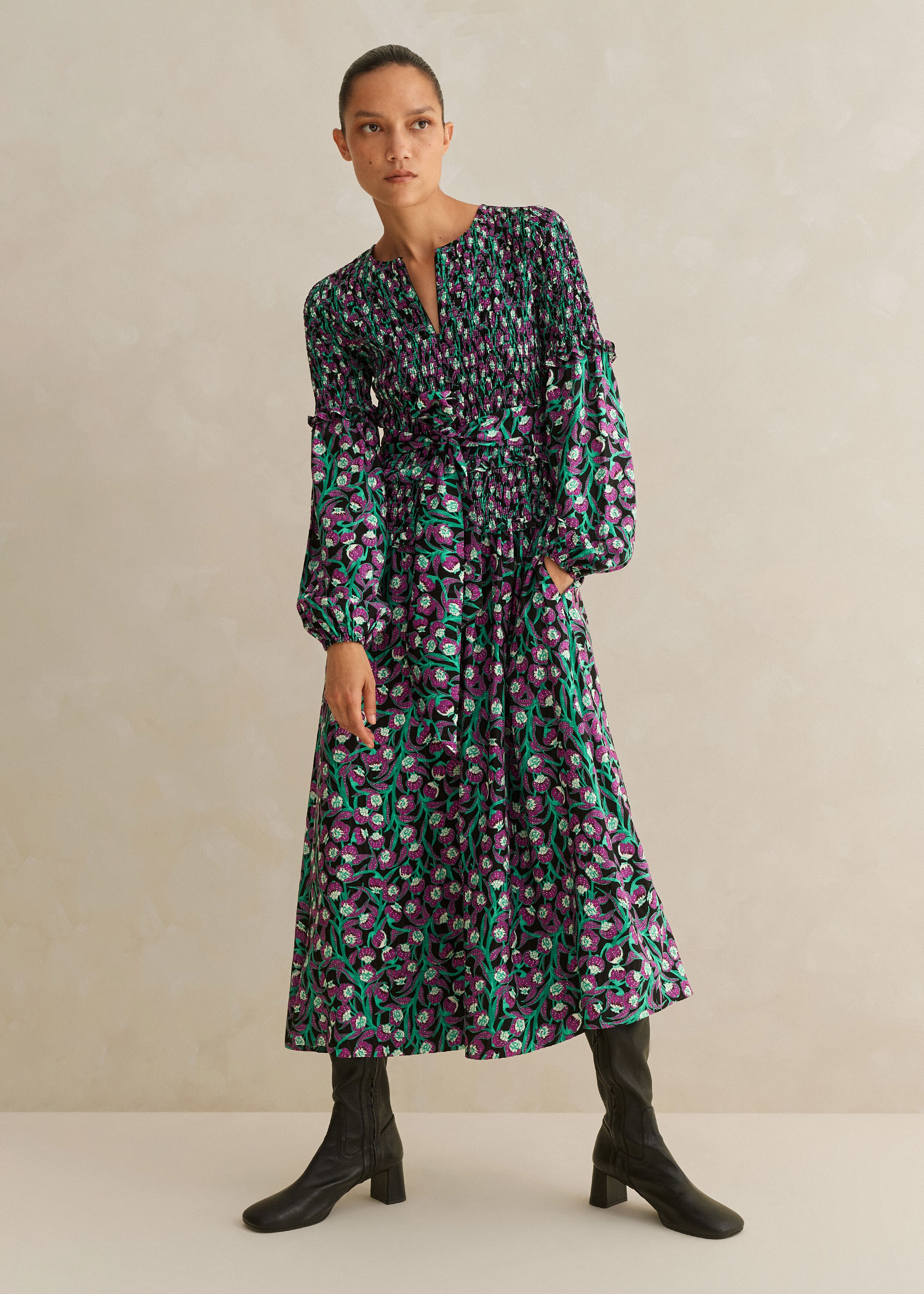 Trailing Flower Print Shirred Midi Dress + Belt Black/Purple/Green