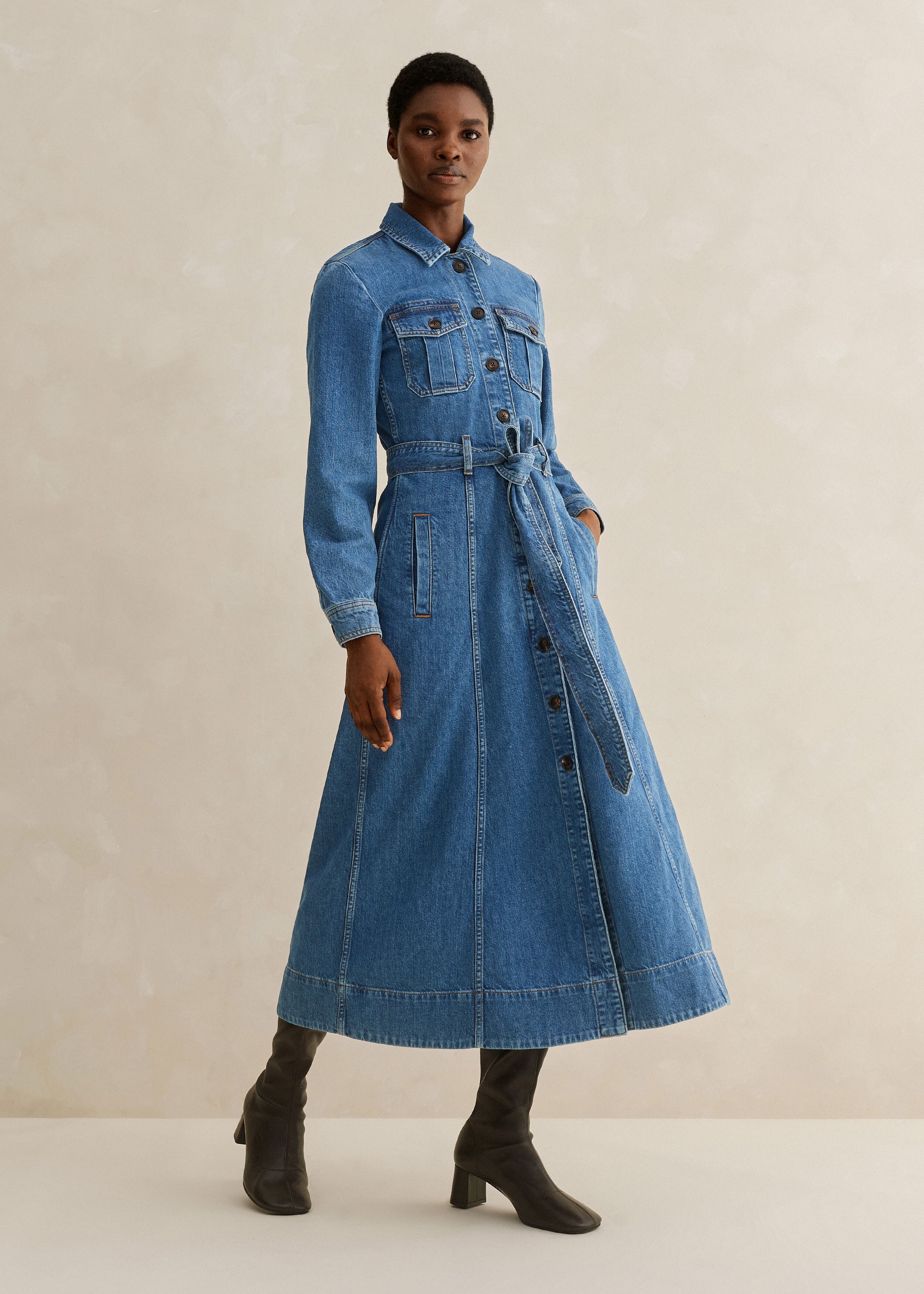 Denim Midi Dress + Belt Blue