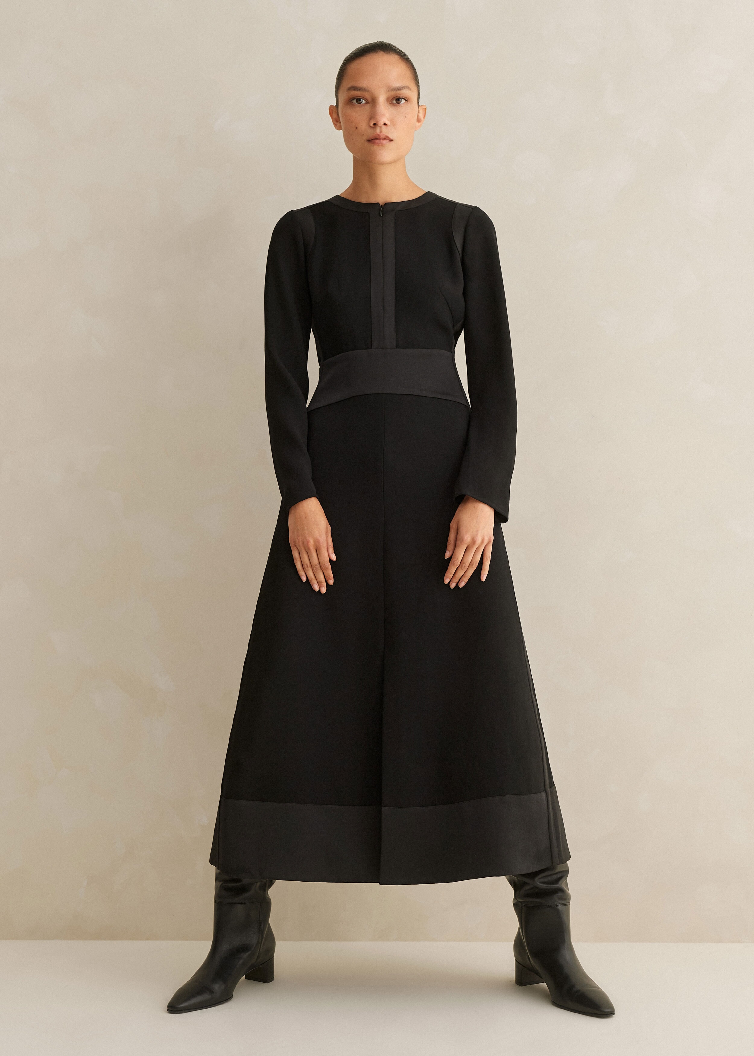 Elegant Long Sleeve Satin Midi Dress + Belt Black