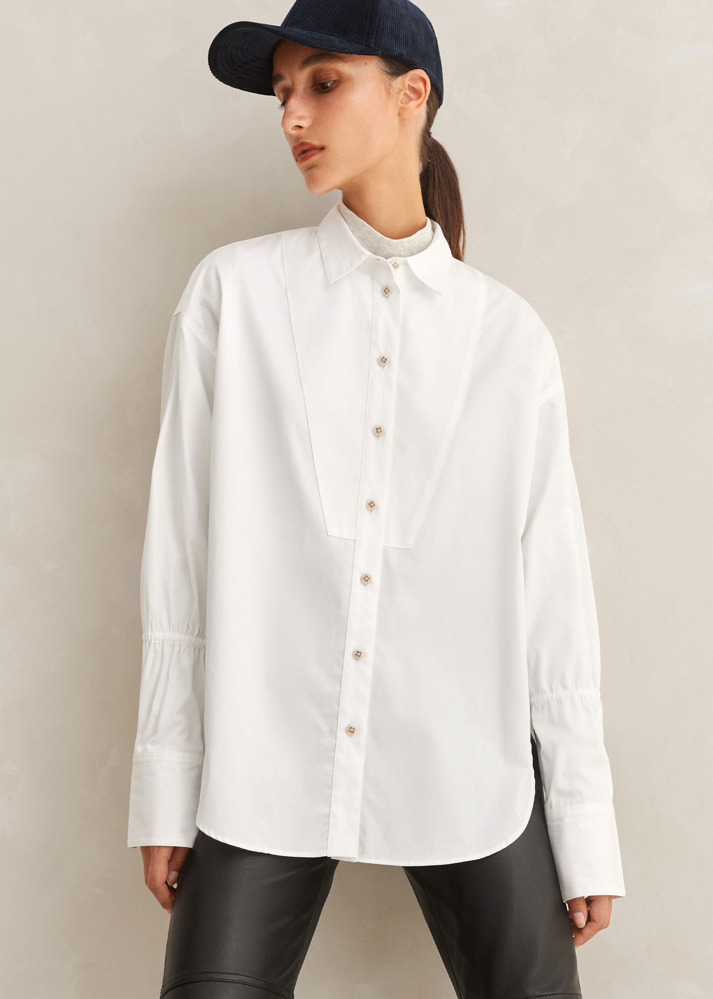Me+em Crease Less Cotton Elastic Sleeve Shirt In White