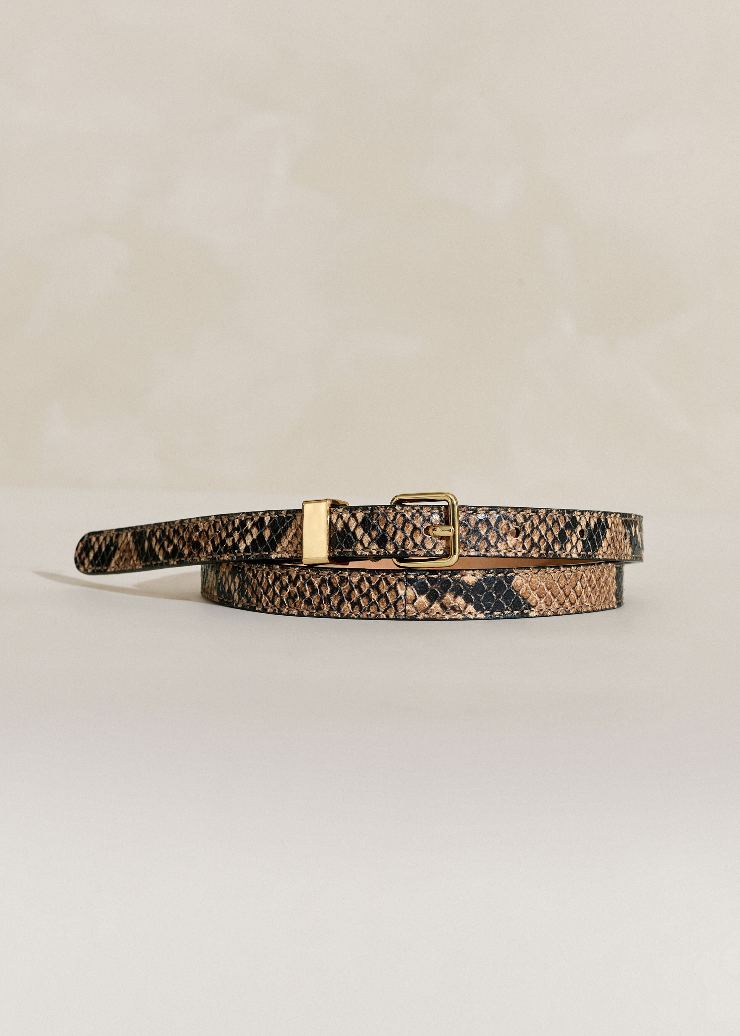Skinny Snake-Embossed Leather Belt Tan