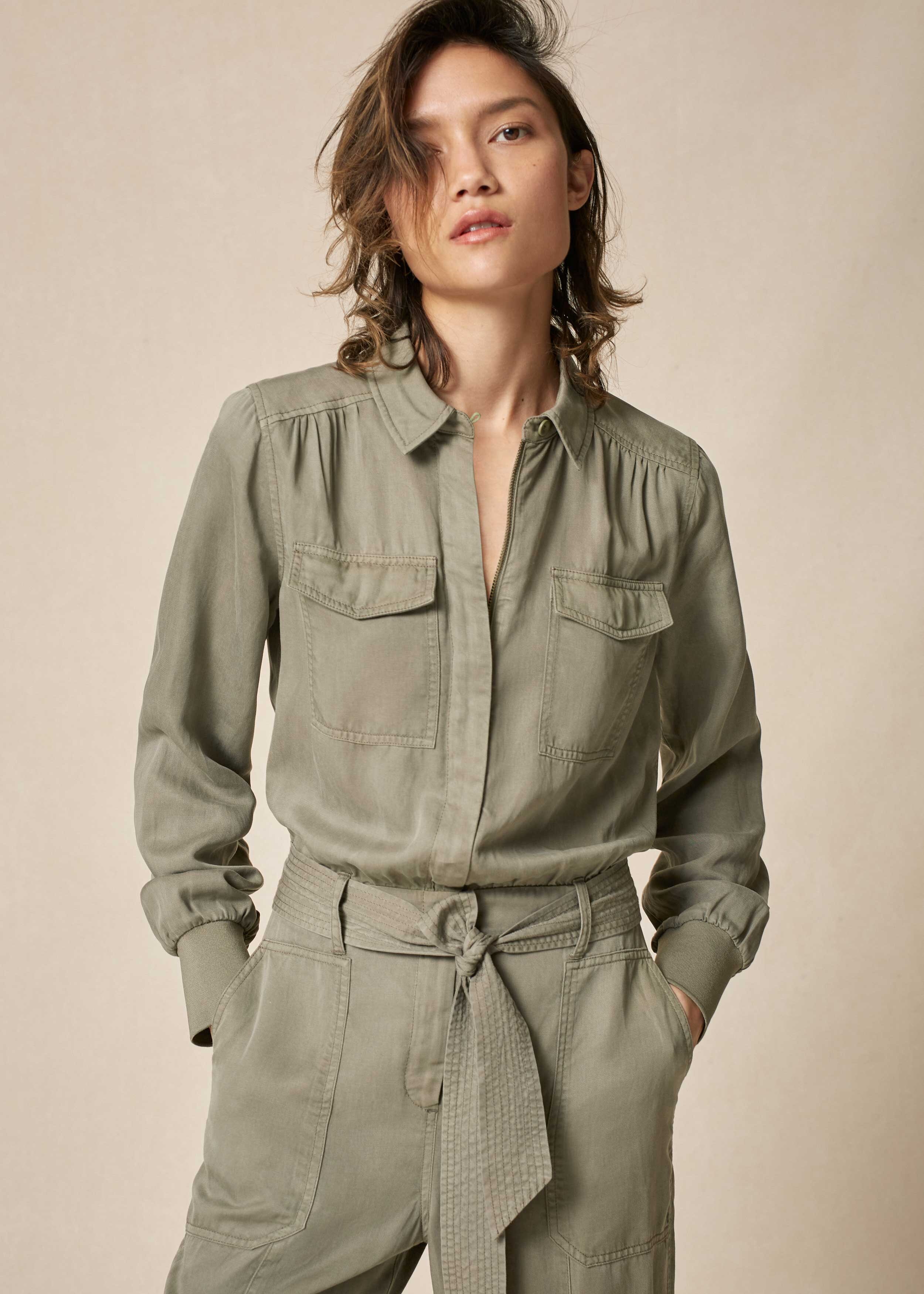 Casual Utility Jumpsuit Washed Khaki