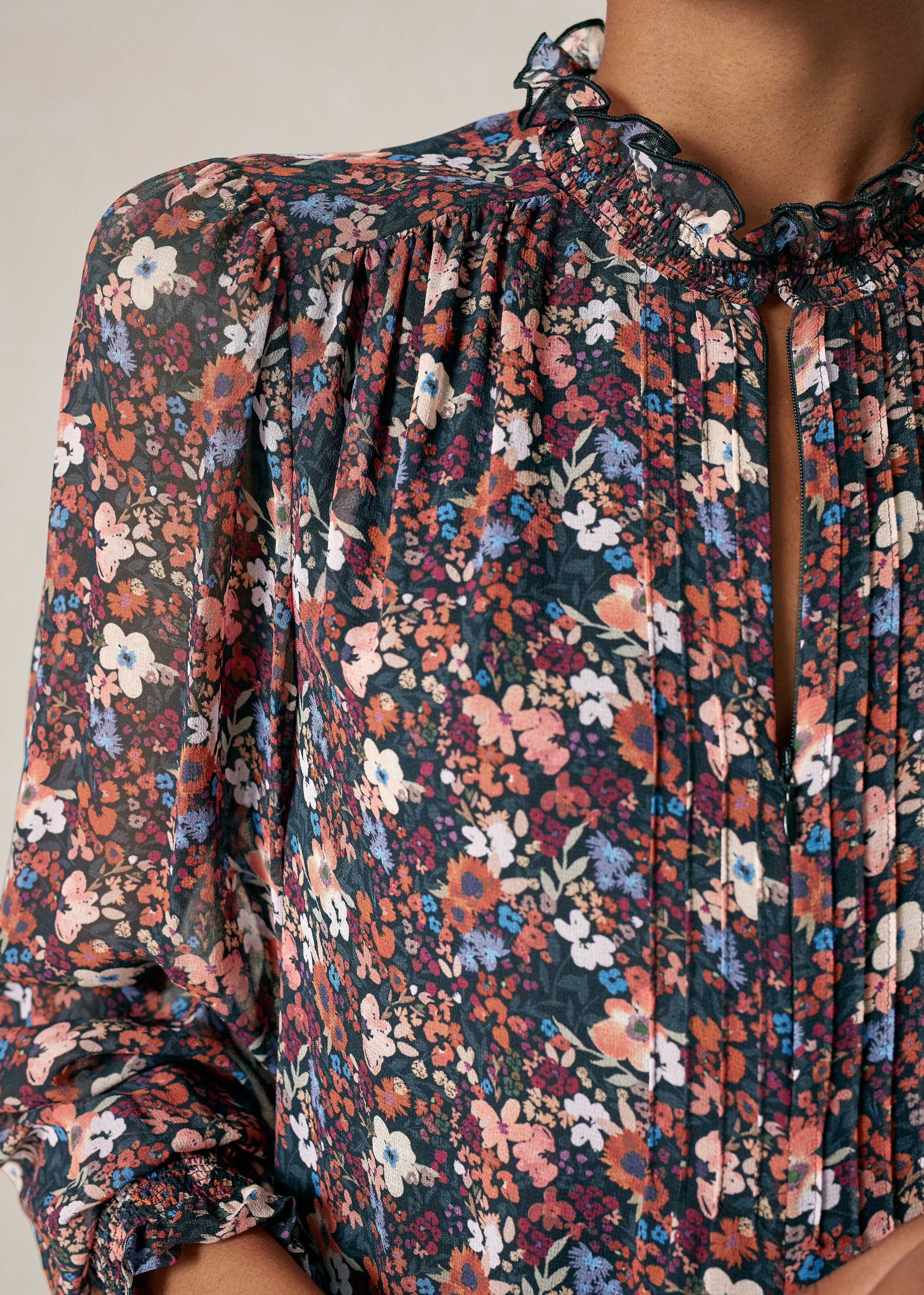 Silk Autumn Floral Blouse Red/Black/Blue