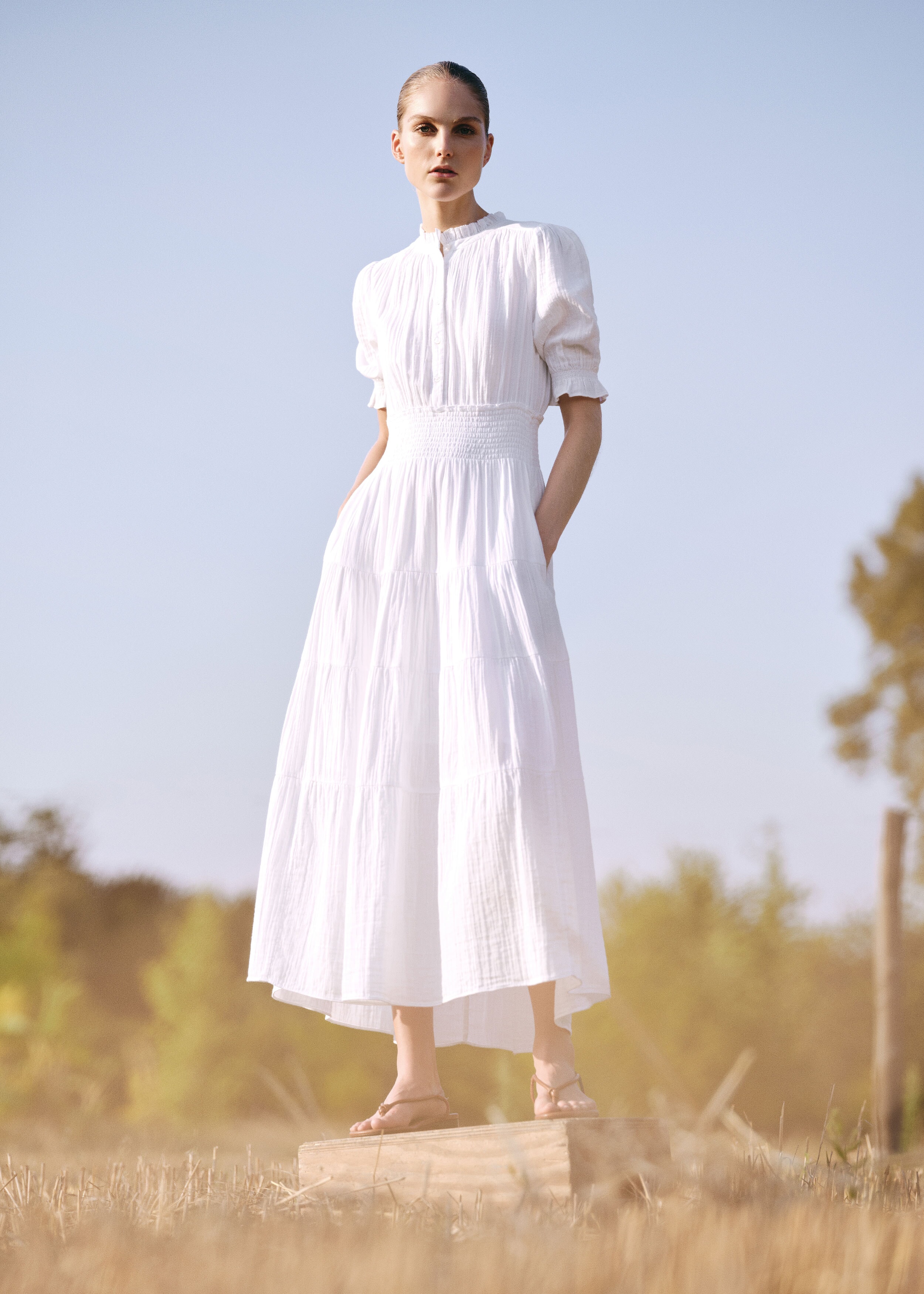 Cheesecloth Shirred Waist Maxi Dress Soft White