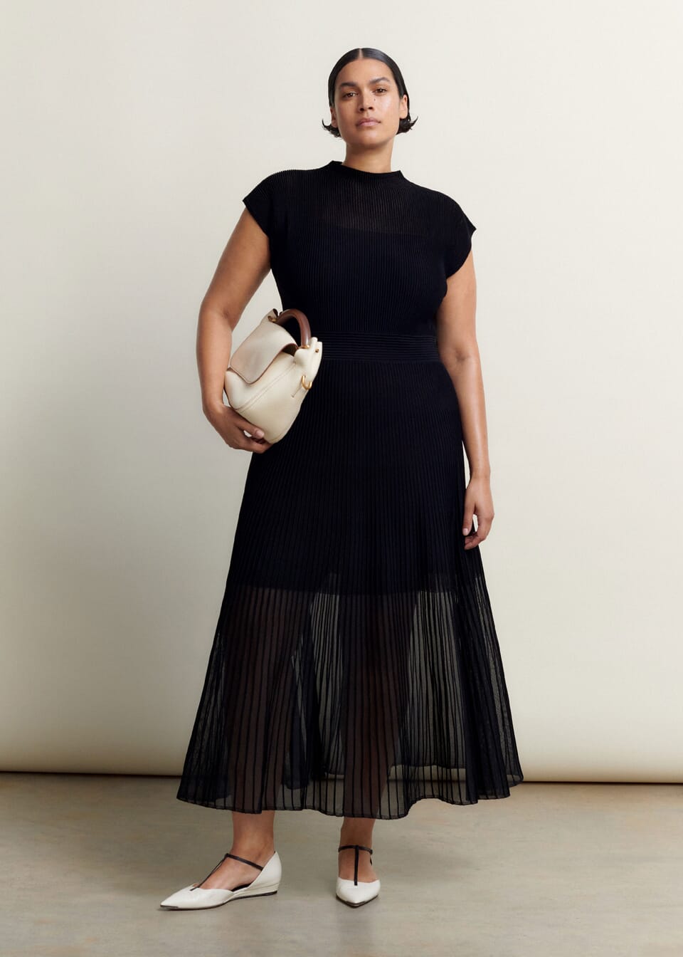 Me + Em black sheer panelled full skirt maxi dress with high neck and cap sleeves. 