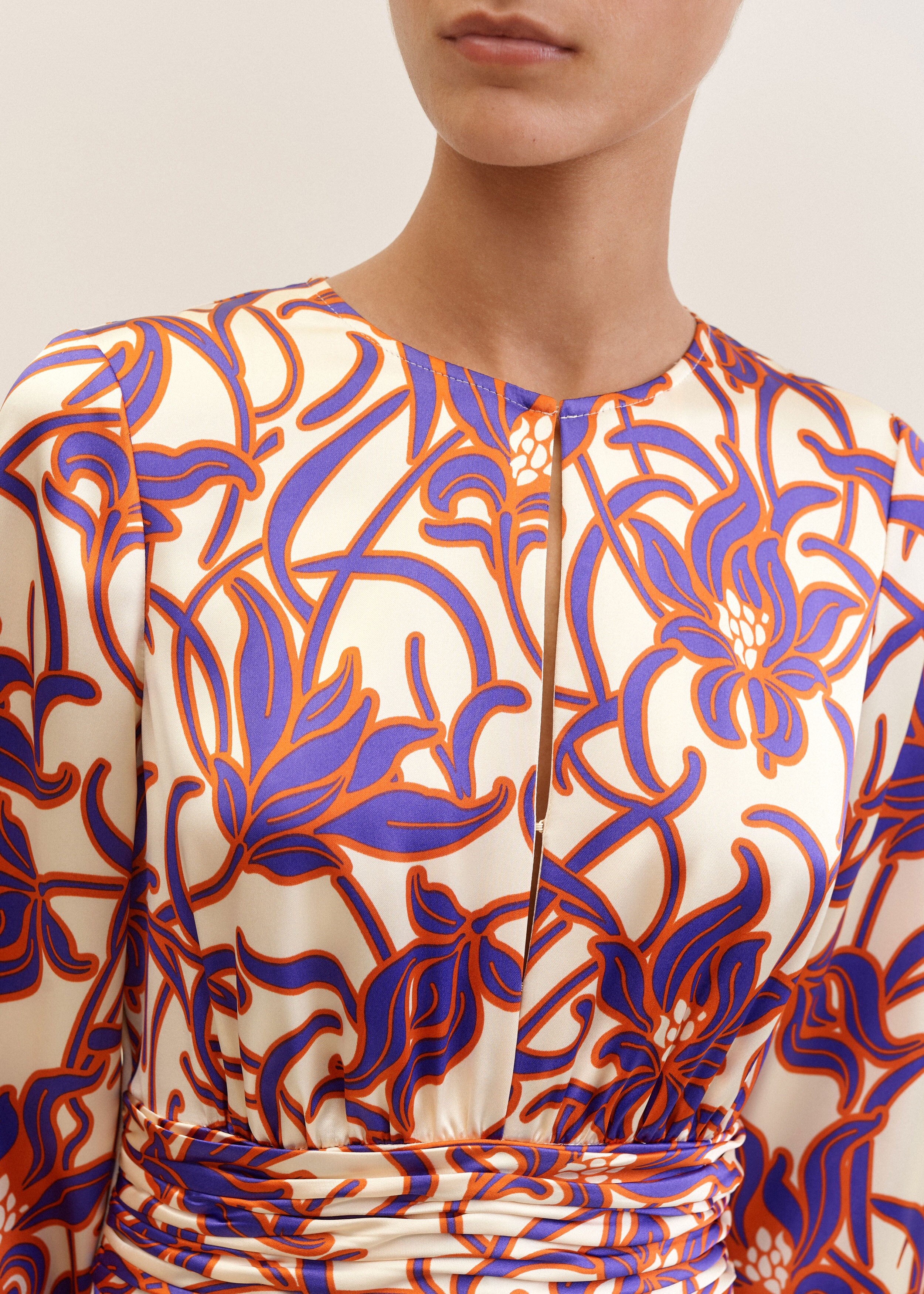 Satin Graphic Tulip Print Maxi Dress Cream/Purple/Orange