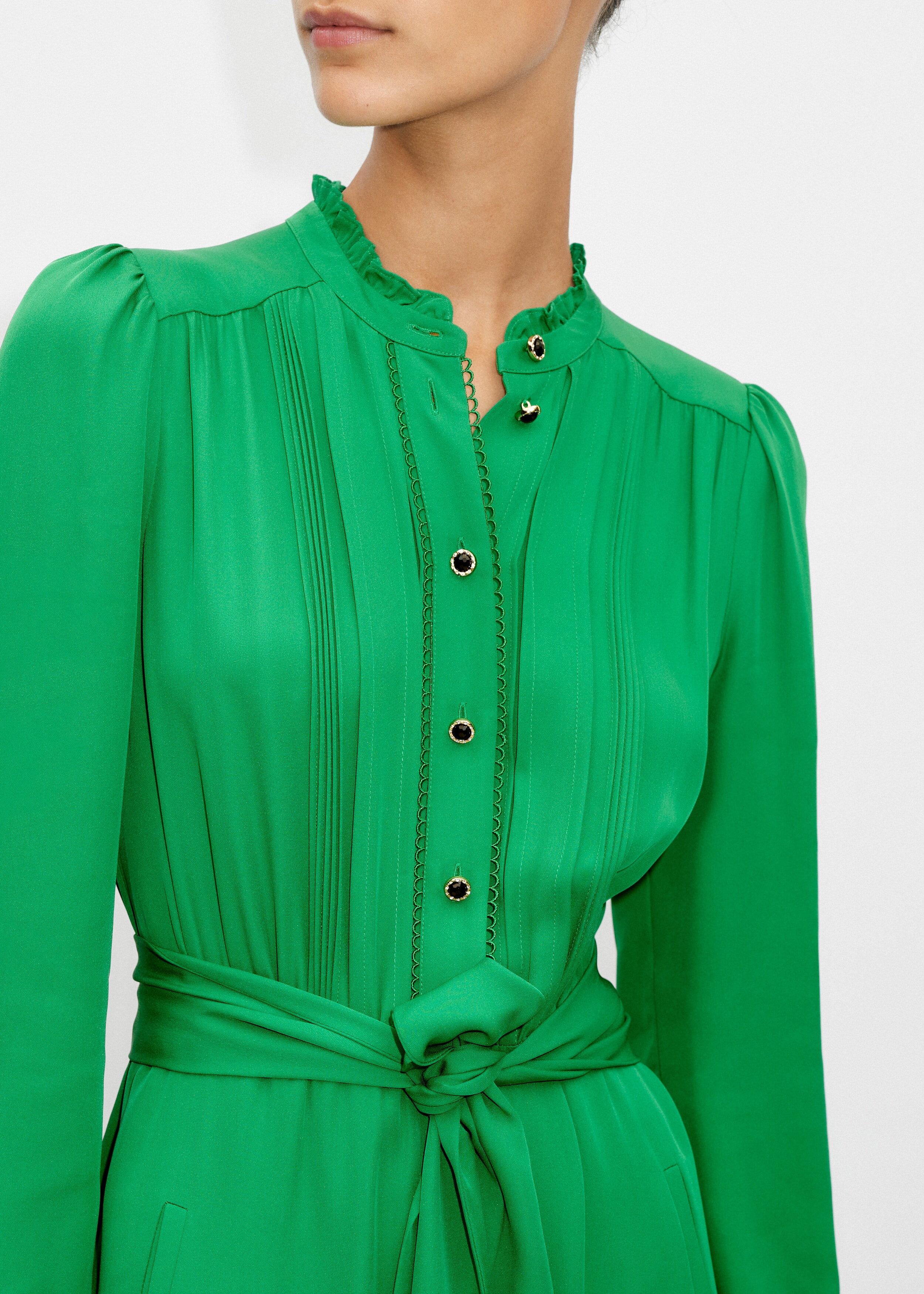 Silk Short Fit and Flare Dress + Belt Emerald