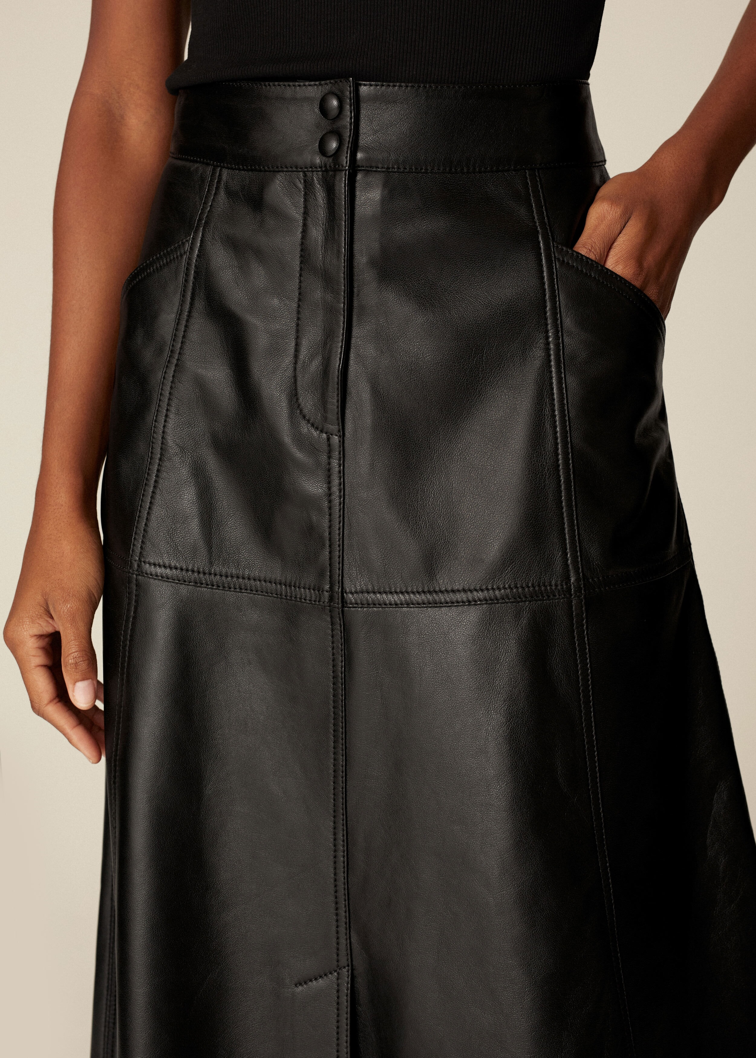 High-Waist Leather Midi Skirt Black