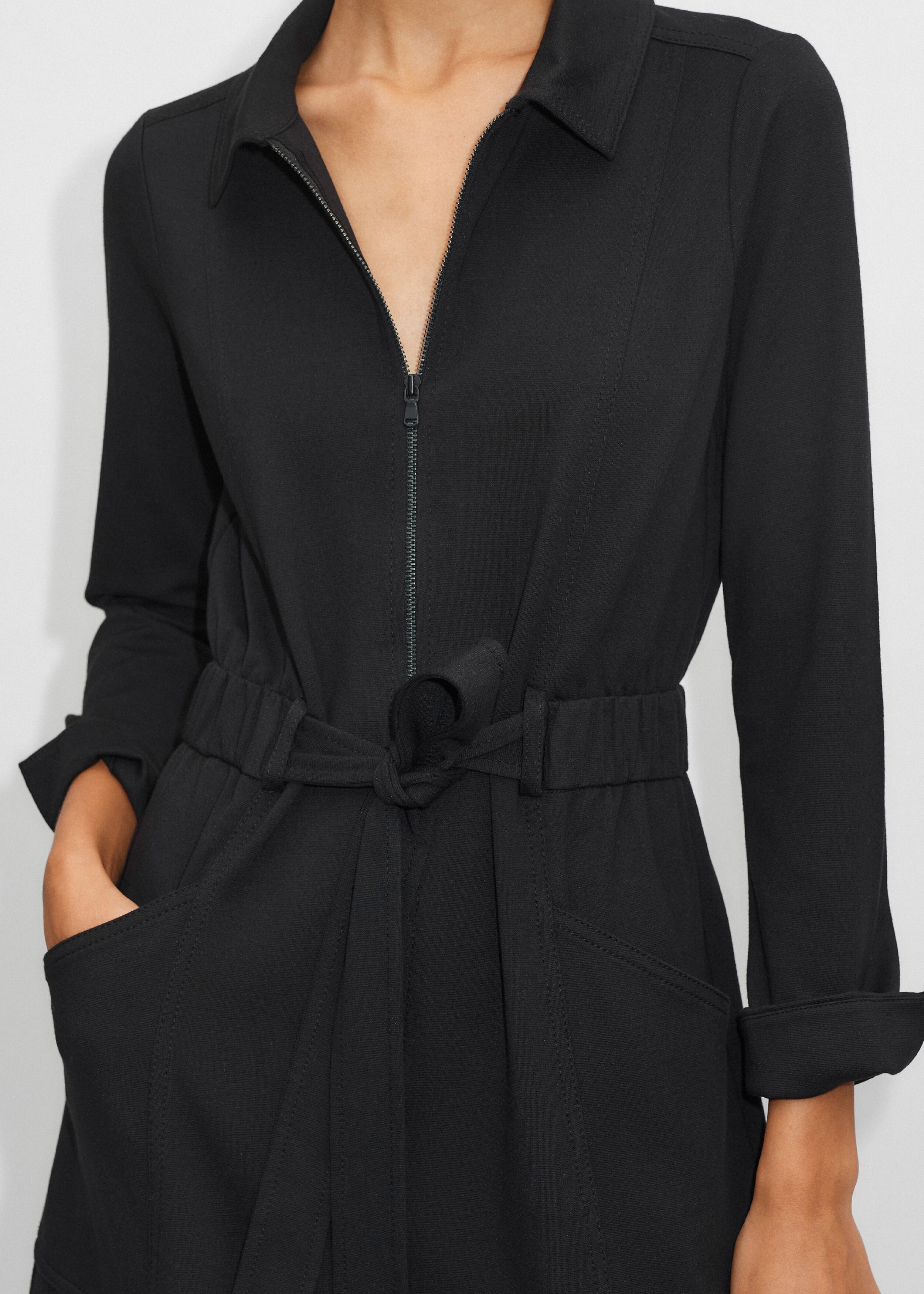 Ponte Long Sleeve Shirt Collar Maxi Dress + Belt Black