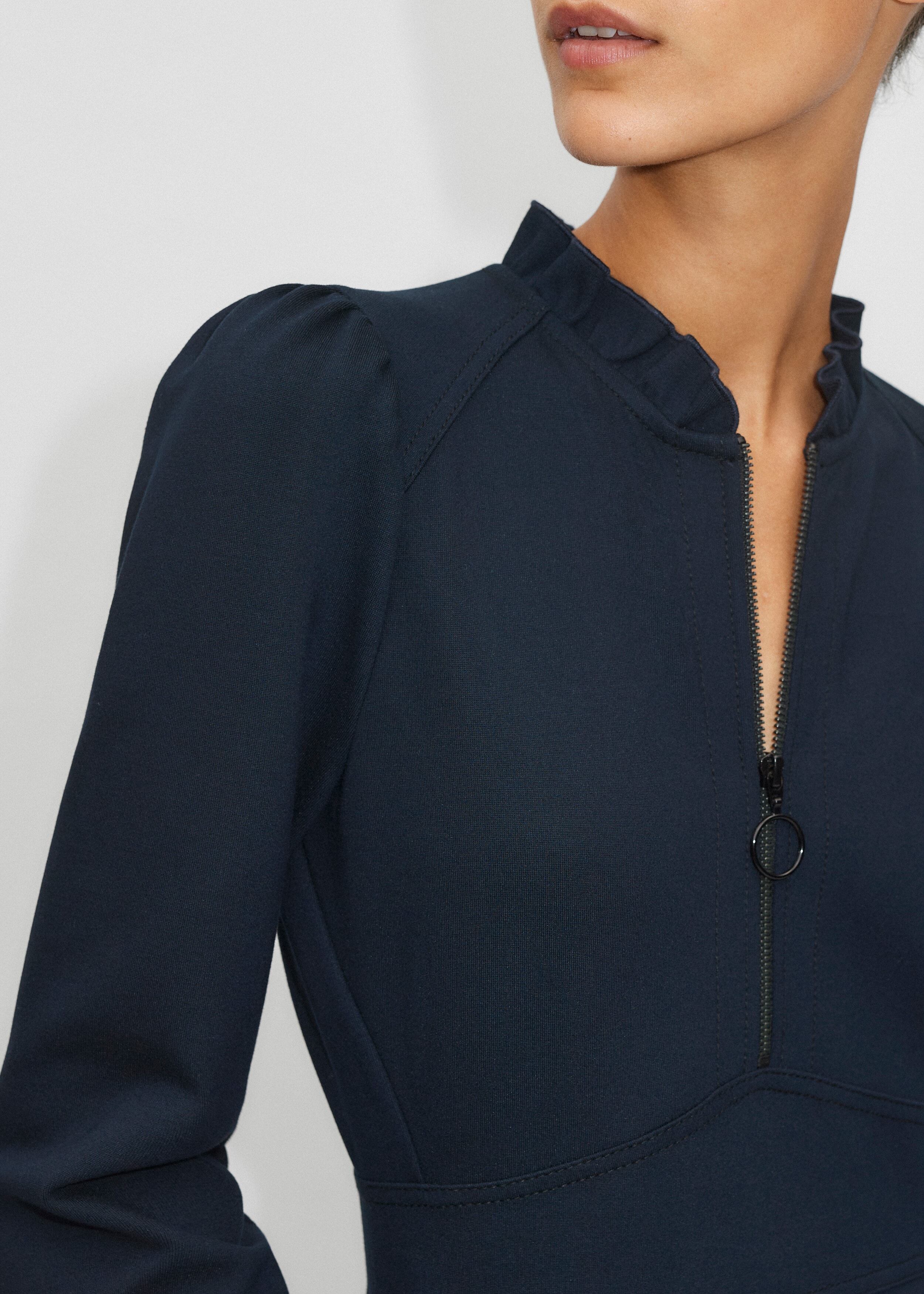 Ponte Stitch Detail Zip Up Collar Long Sleeve Mini Dress Navy/Black