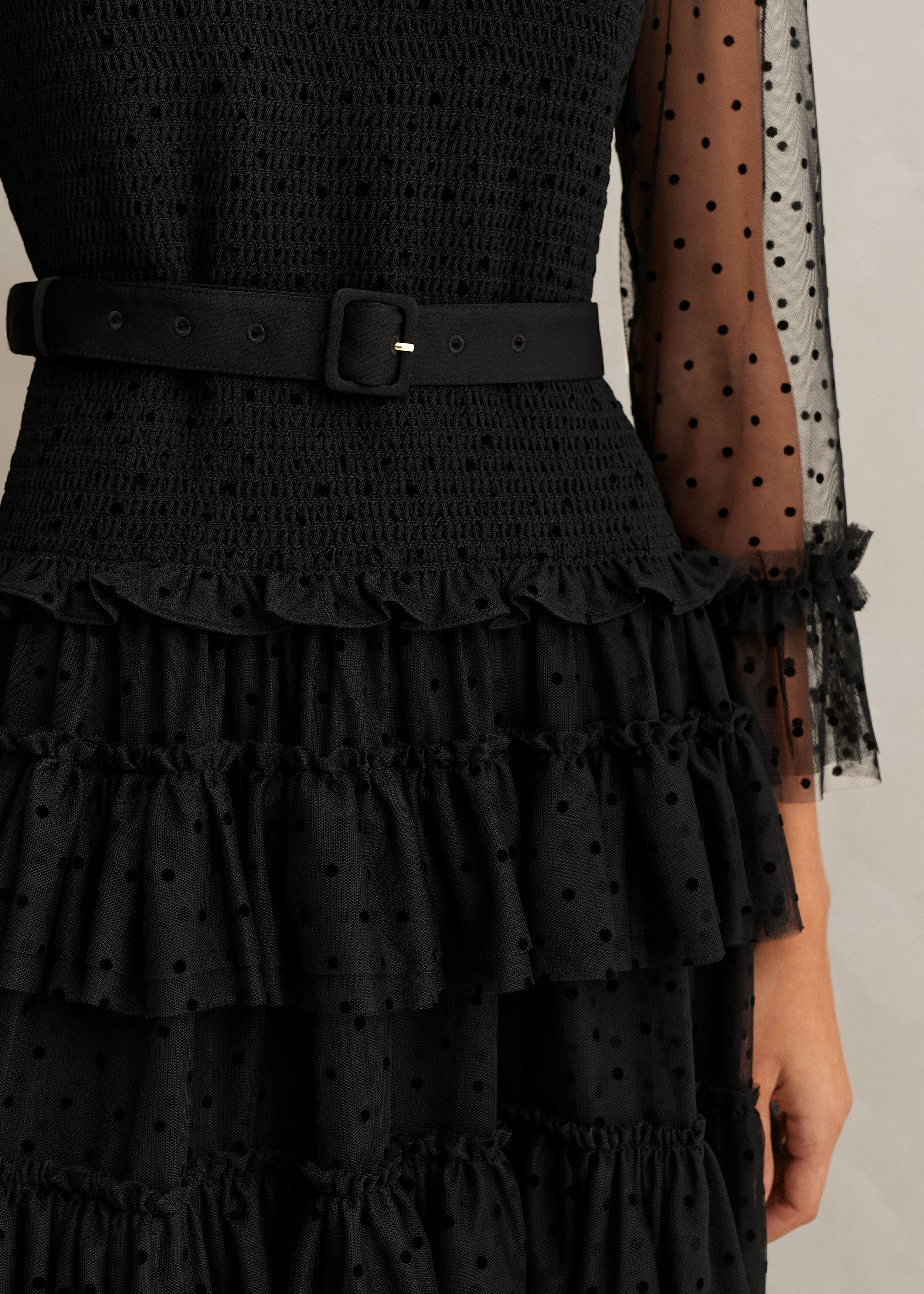 Polka Dot Tulle Ruffle Maxi Dress + Belt Black