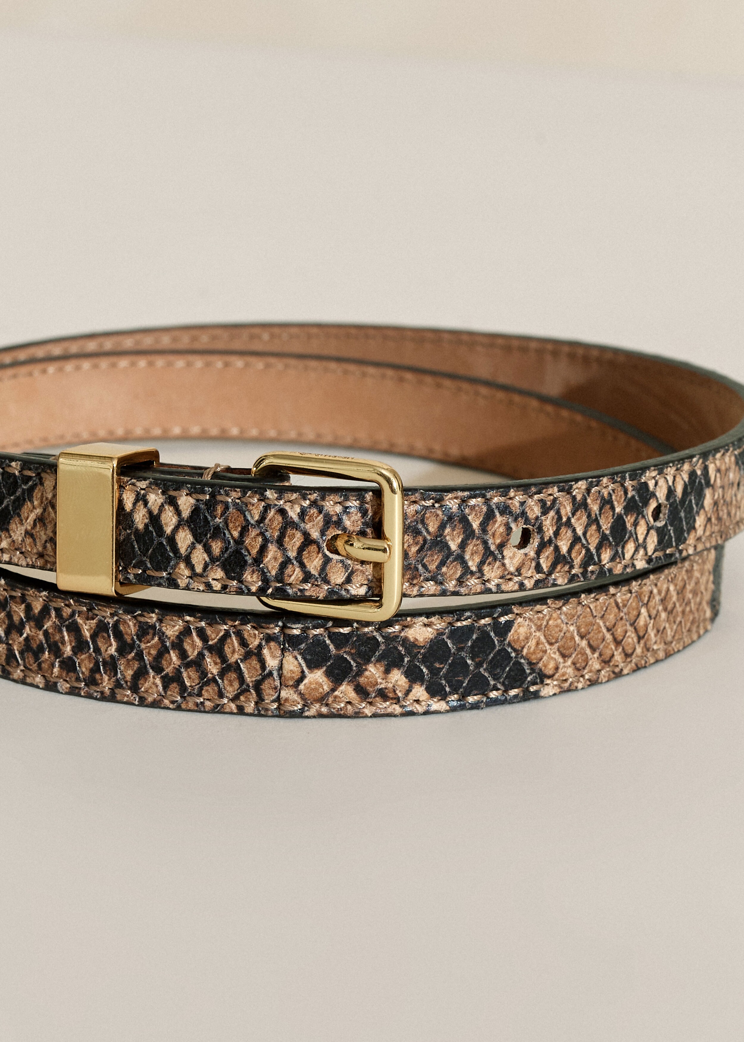 Skinny Snake-Embossed Leather Belt Tan