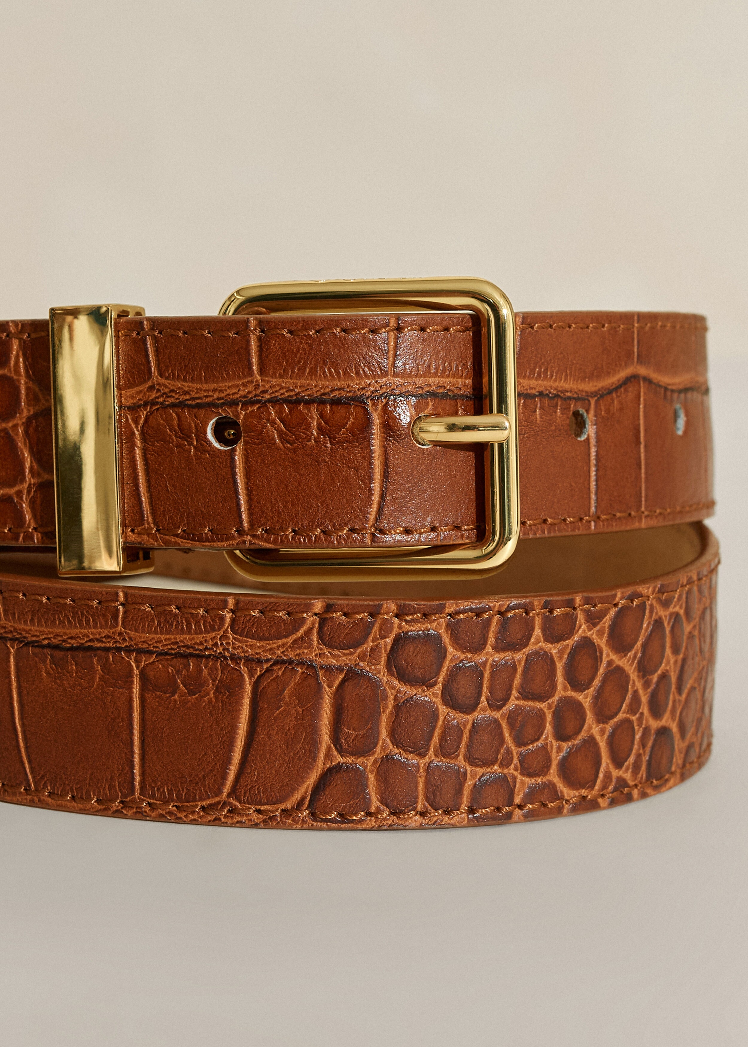 Croc-Embossed Leather Belt Tan