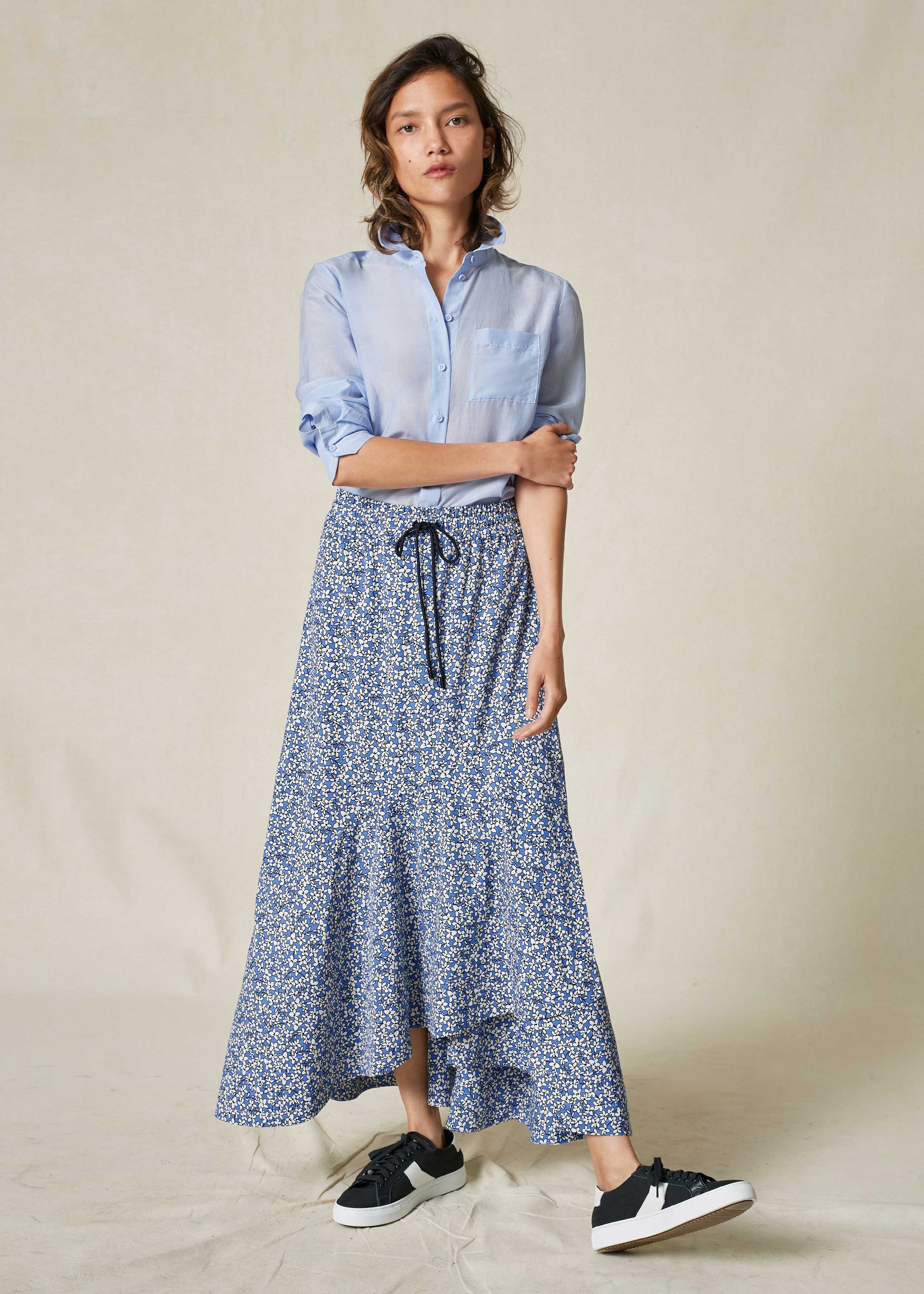 Sporty Floral Print Frill Maxi Skirt French Blue/Cream