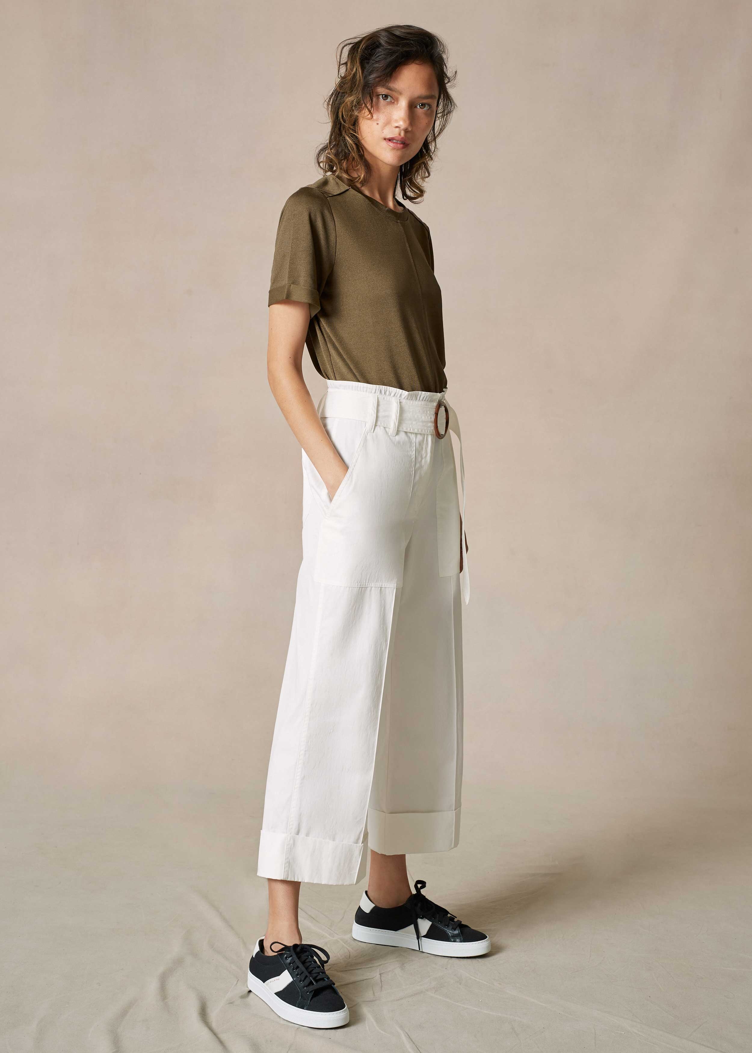 Stretch Cotton Wide-Leg Crop Trouser White