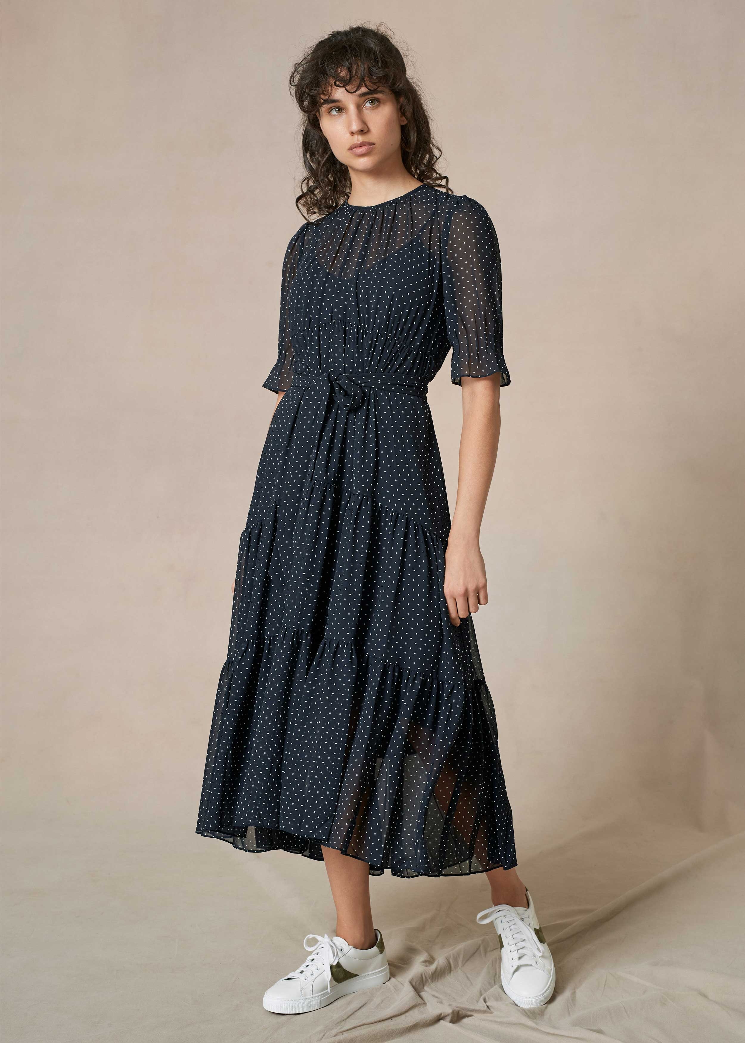 Polka Dot Print Double-Layer Dress + Tie Navy/Soft White