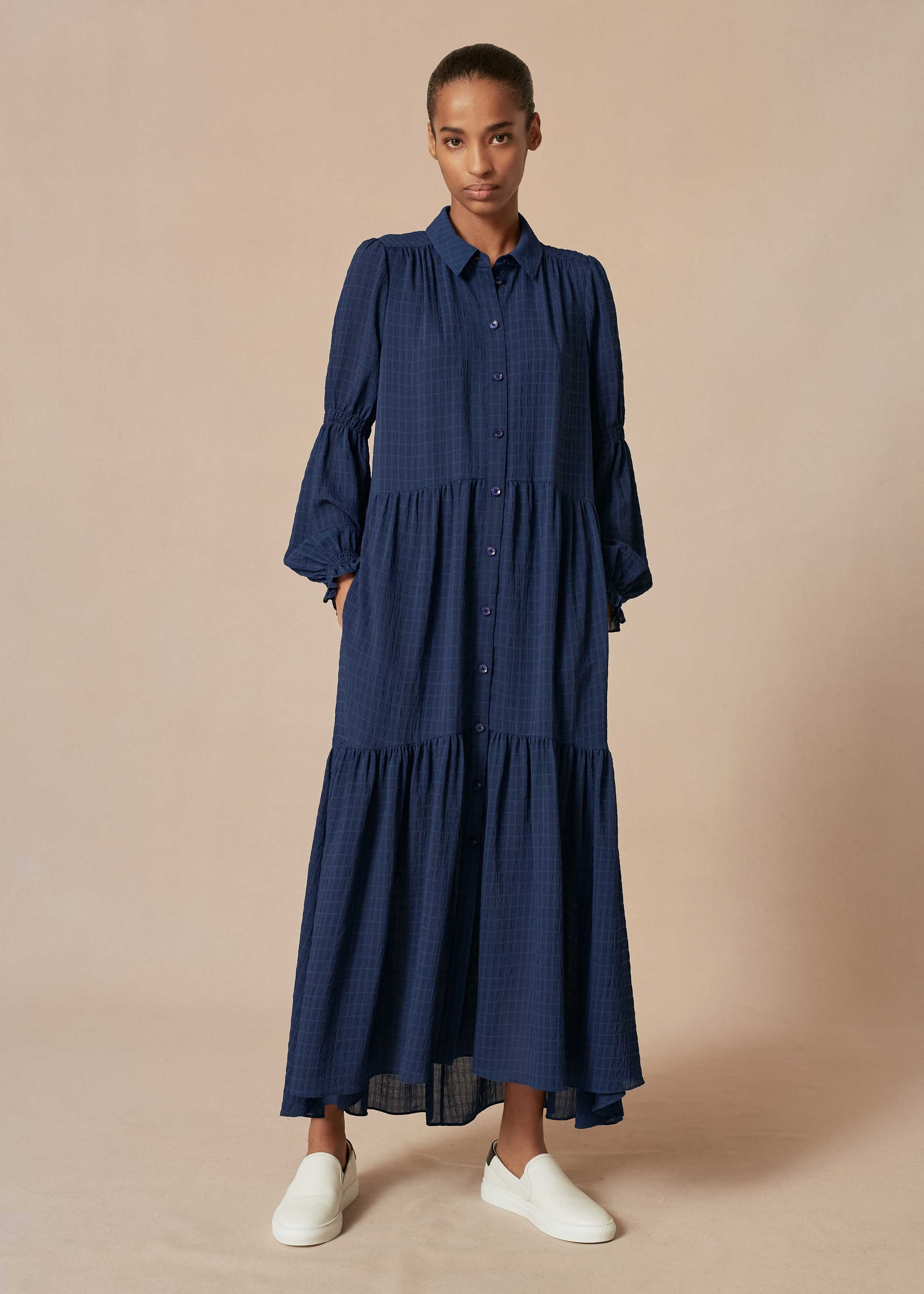 Shirred Sleeve Detail Shirt Dress Indigo