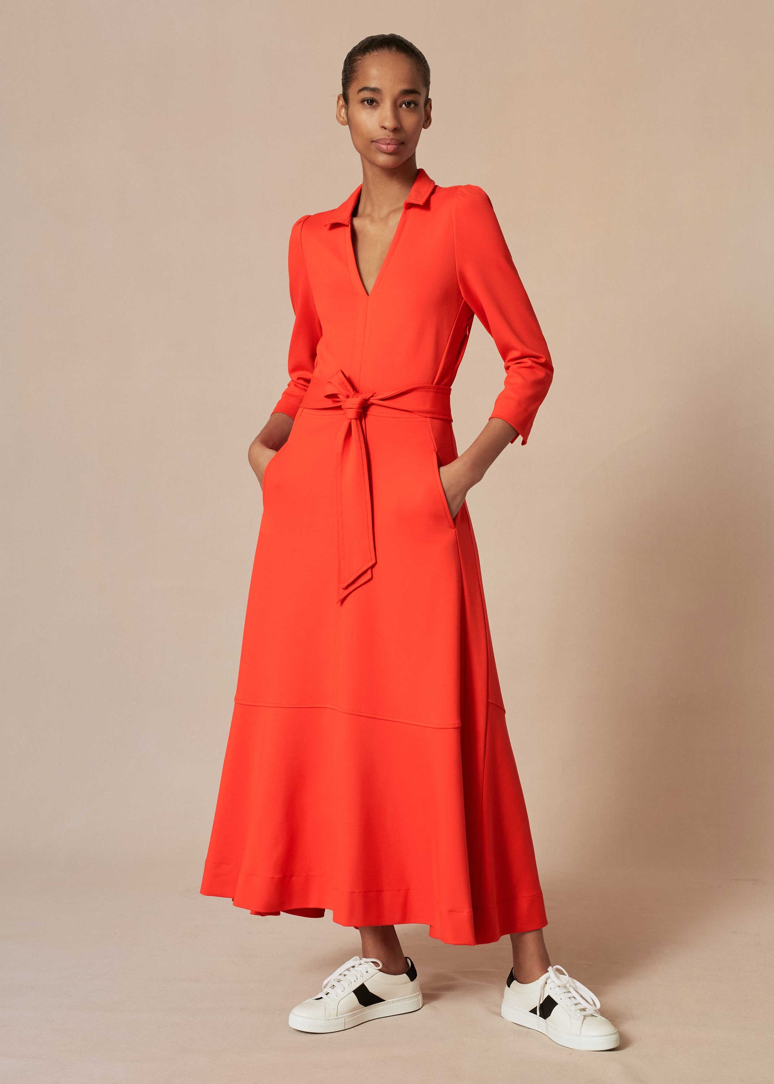 V Neck Fit + Flare Ponte Dress Burnt Orange