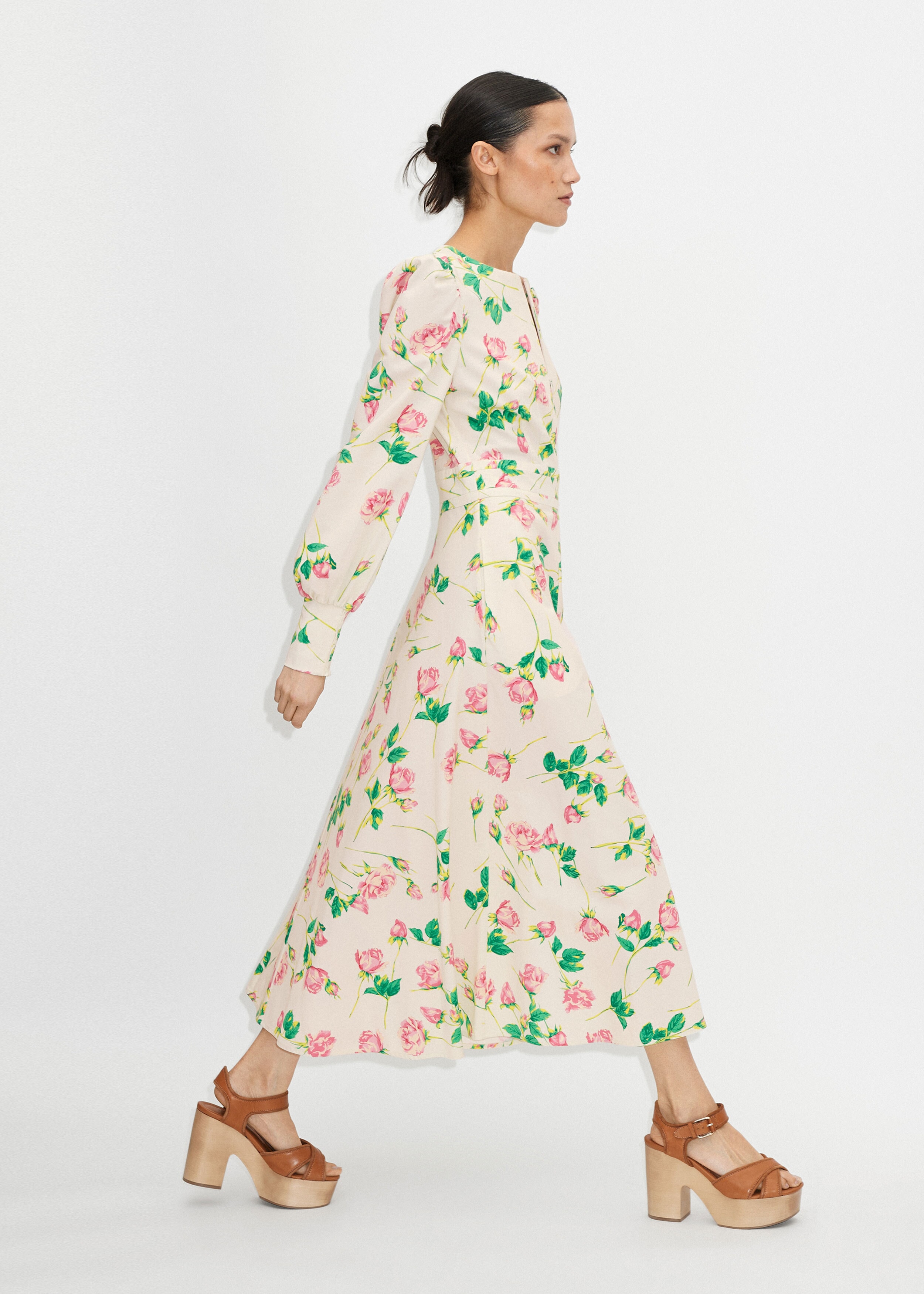 Rose Print Structured Midi Dress Light Cream/Bright Rose/Green