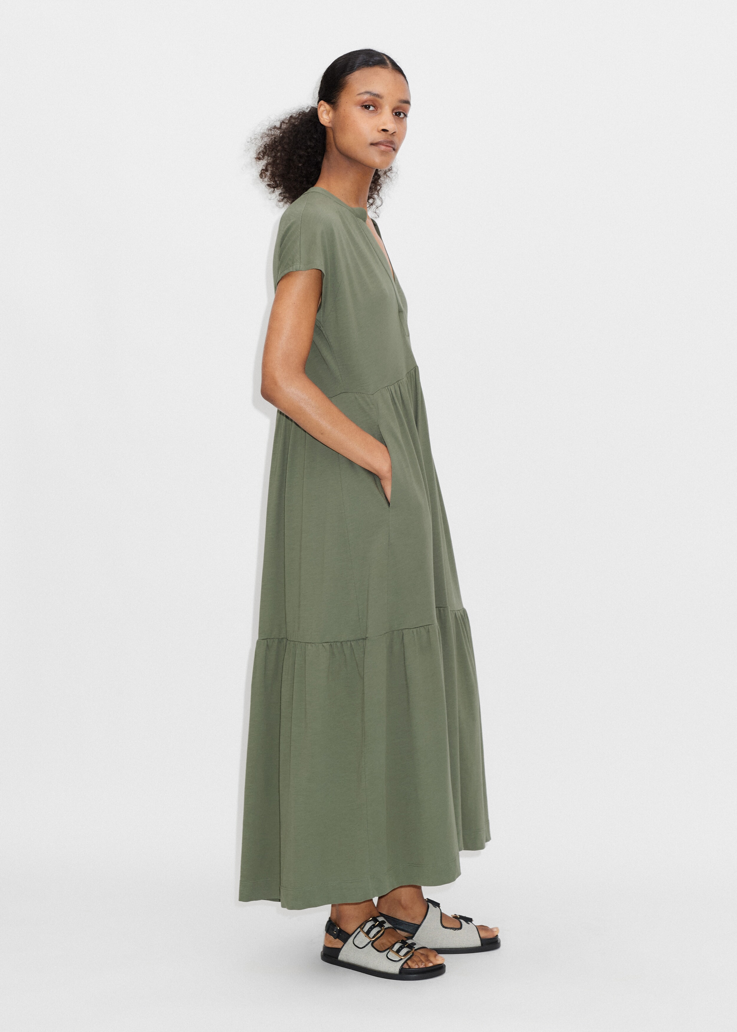 Open Collar Tiered Maxi Dress Dusty Olive