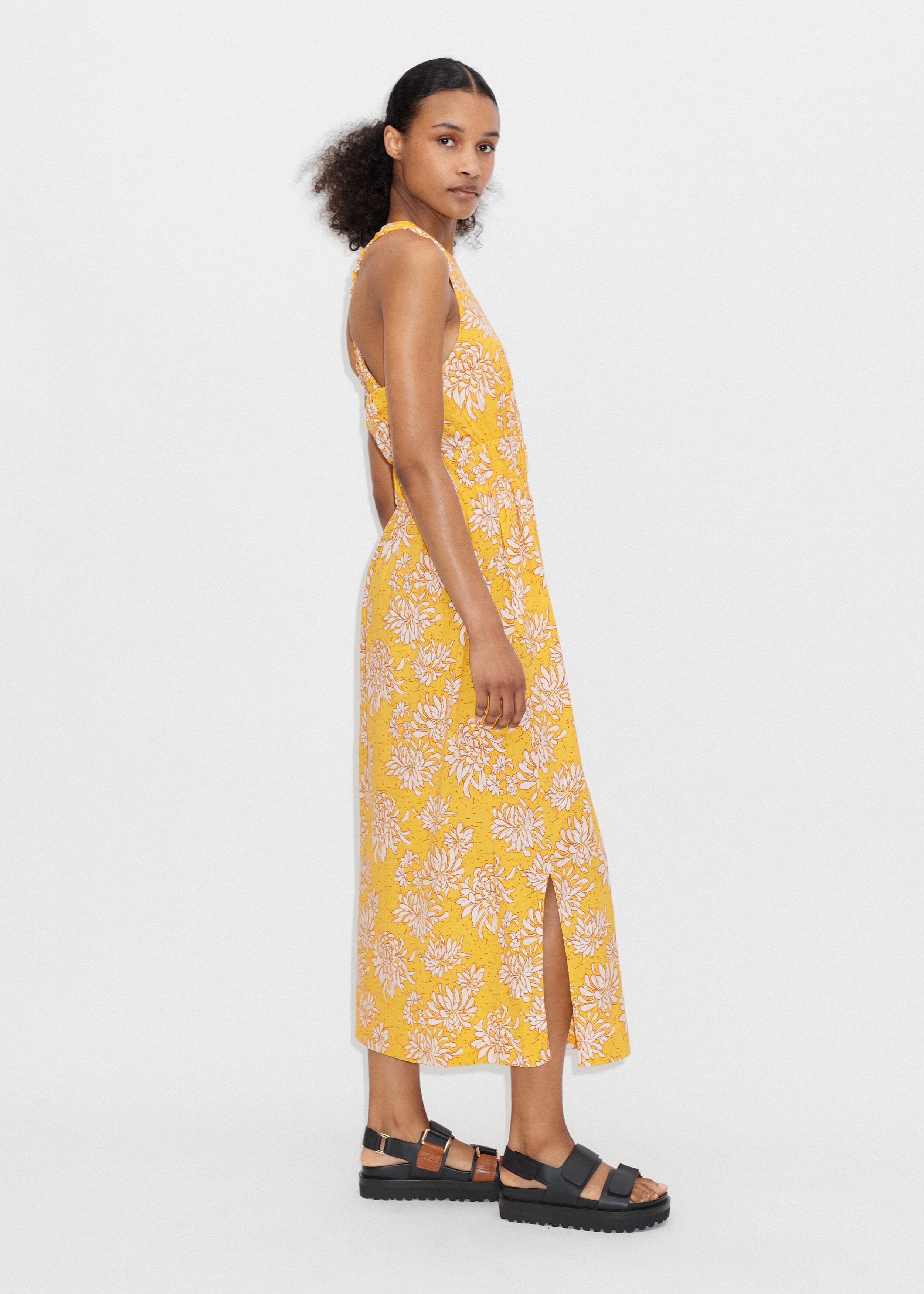 Dahlia Print Gather Detail Midi Dress Yellow/Soft White/Tan